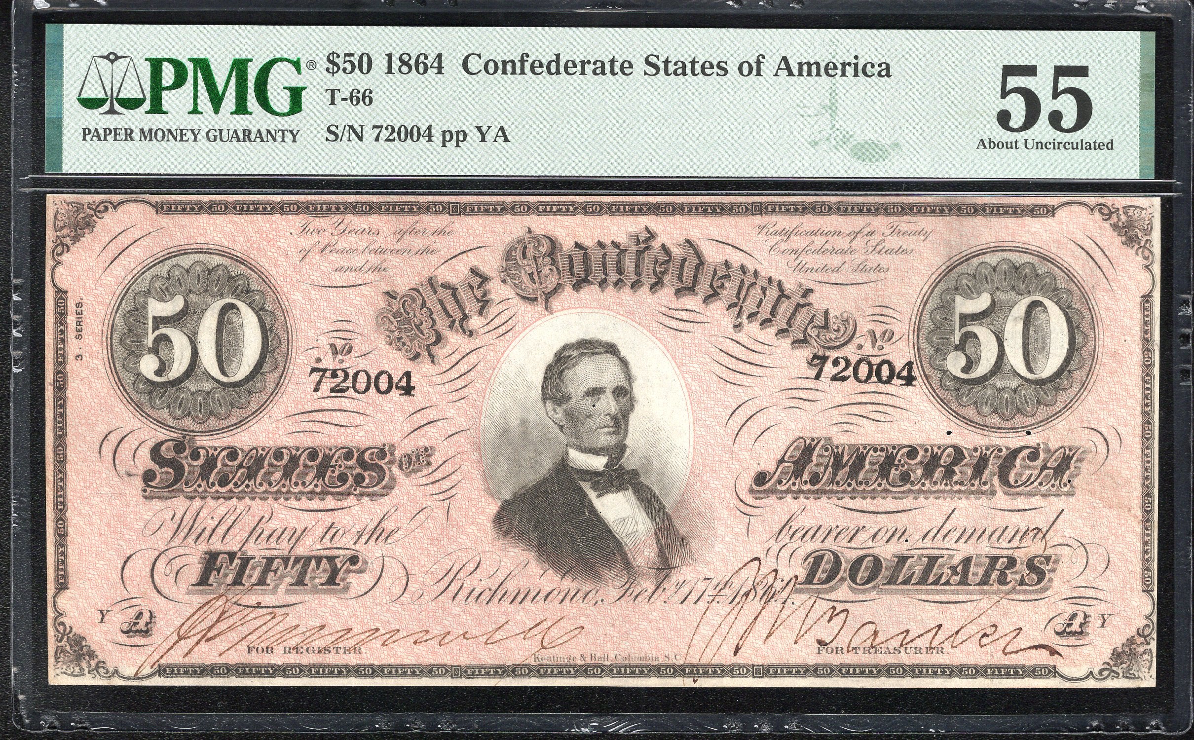 T-66 1864 $50 CONFEDERATE CURRENCY PMG 55 COMMENT CIVIL WAR 72004