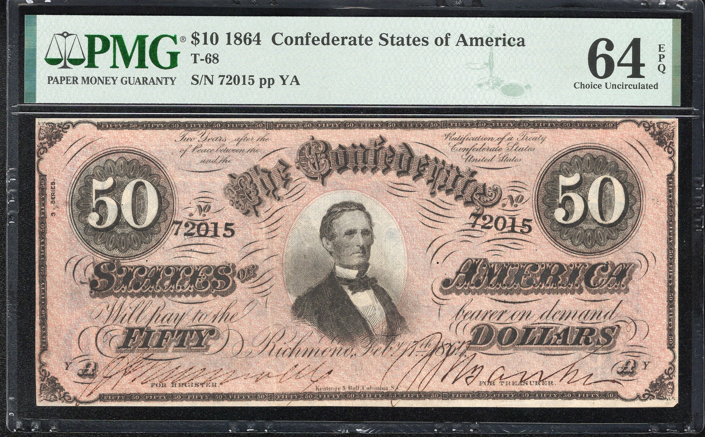 T-66 1864 $50 CONFEDERATE CURRENCY PMG 64 CIVIL WAR  72015
