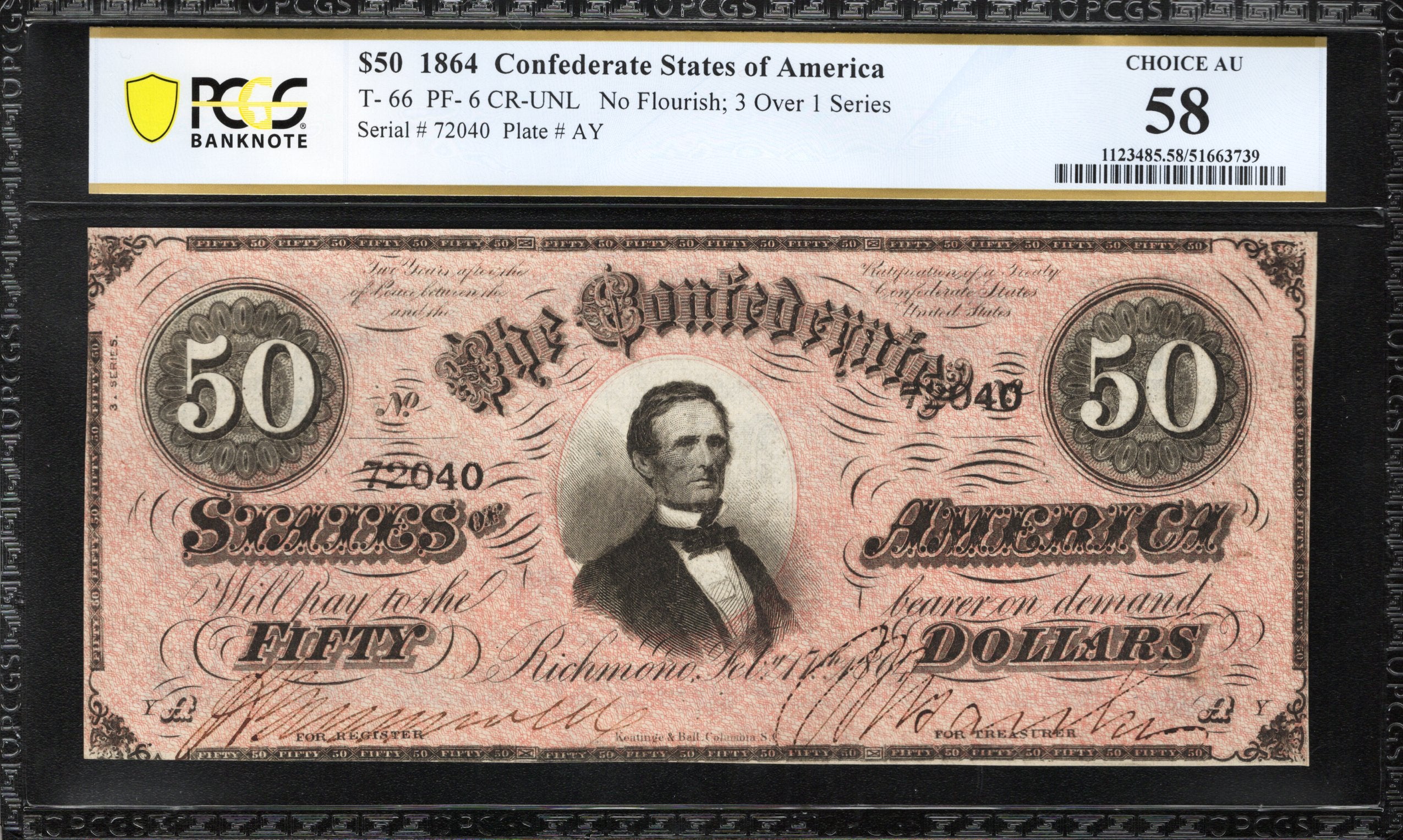T-66 1864 $50 CONFEDERATE CURRENCY PCGS 58 CIVIL WAR BILL 72040