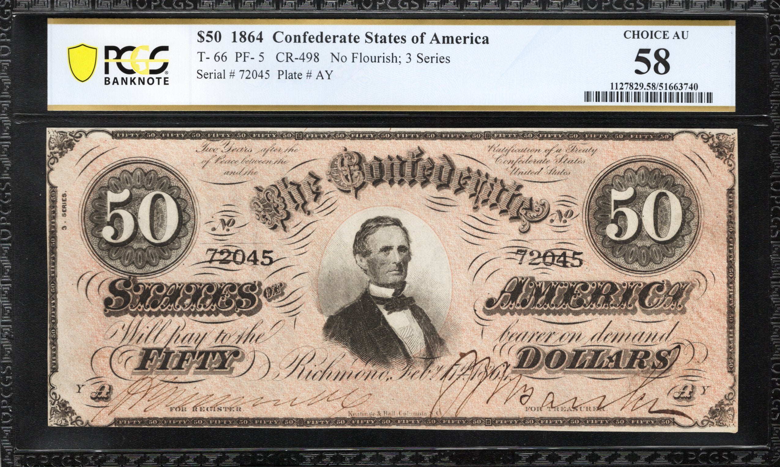 T-66 1864 $50 CONFEDERATE CURRENCY PCGS 58 CIVIL WAR BILL 72045