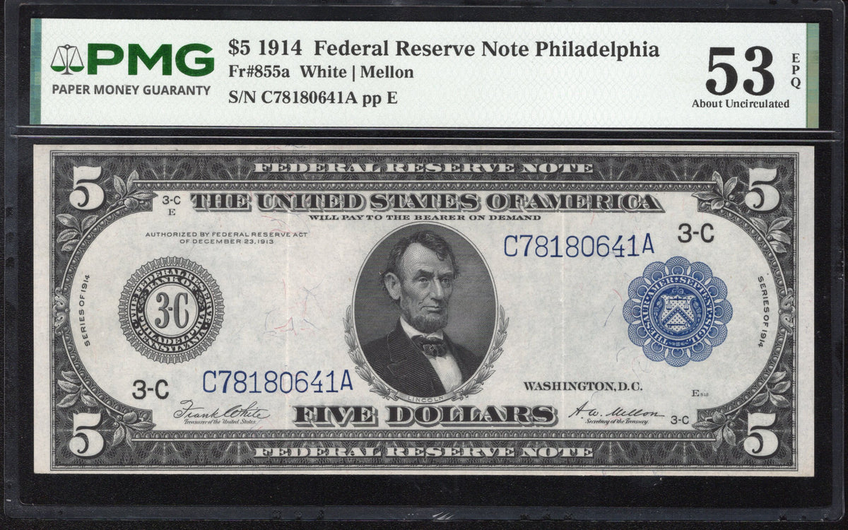 1914 $5 PHILADELPHIA FEDERAL RESERVE NOTE PMG 53 EPQ Fr 855a 80641