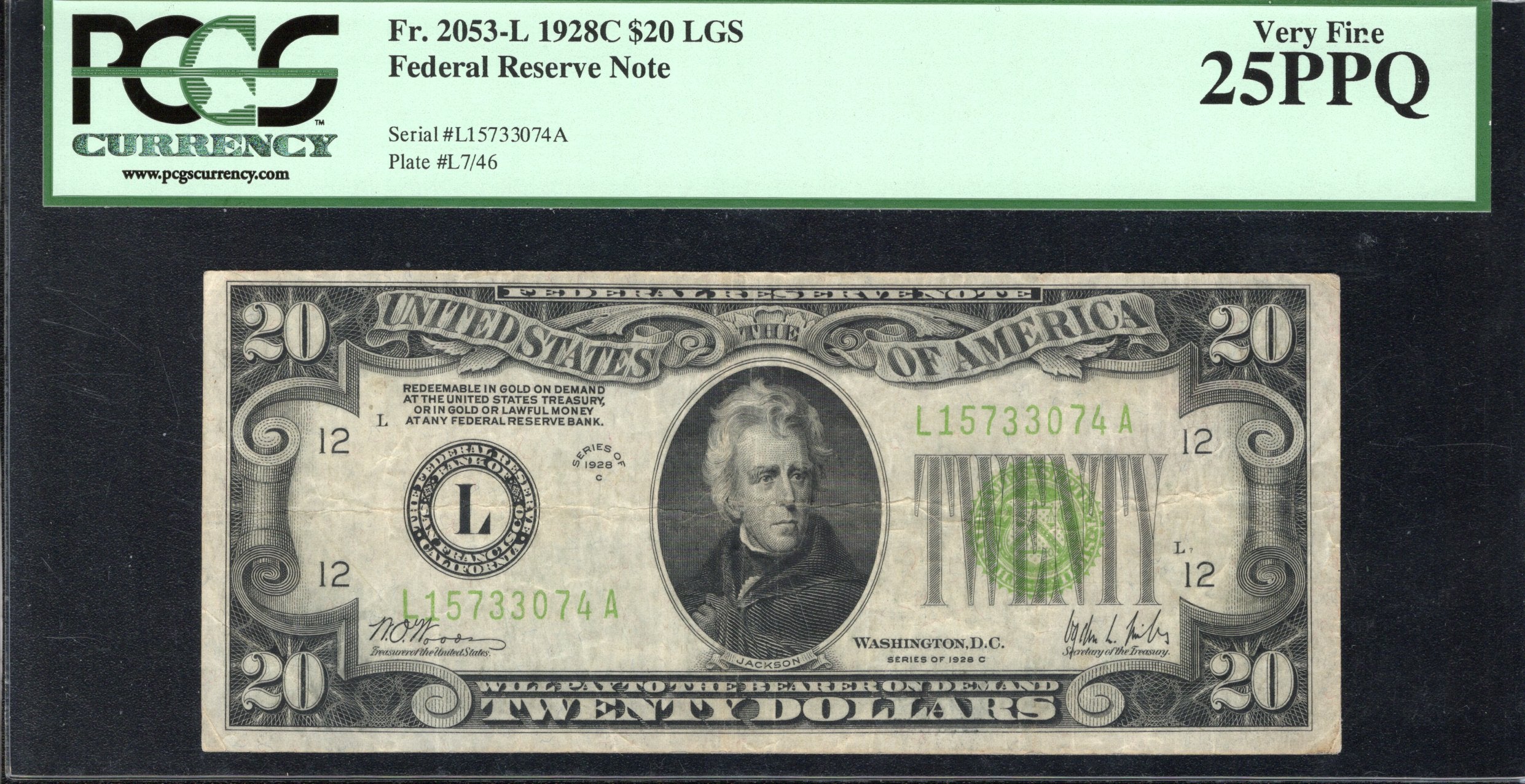 1928-C $20 SAN FRANCISCO LIGHT GREEN SEAL FRN PCGS 25 PPQ Fr 2053-L 33074