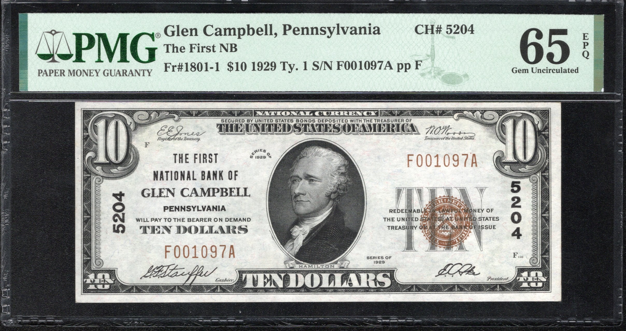 1929 $10 GLEN CAMPBELL, PA NATIONAL BANK NOTE PMG 65 EPQ PENNSYLVANIA CURRENCY