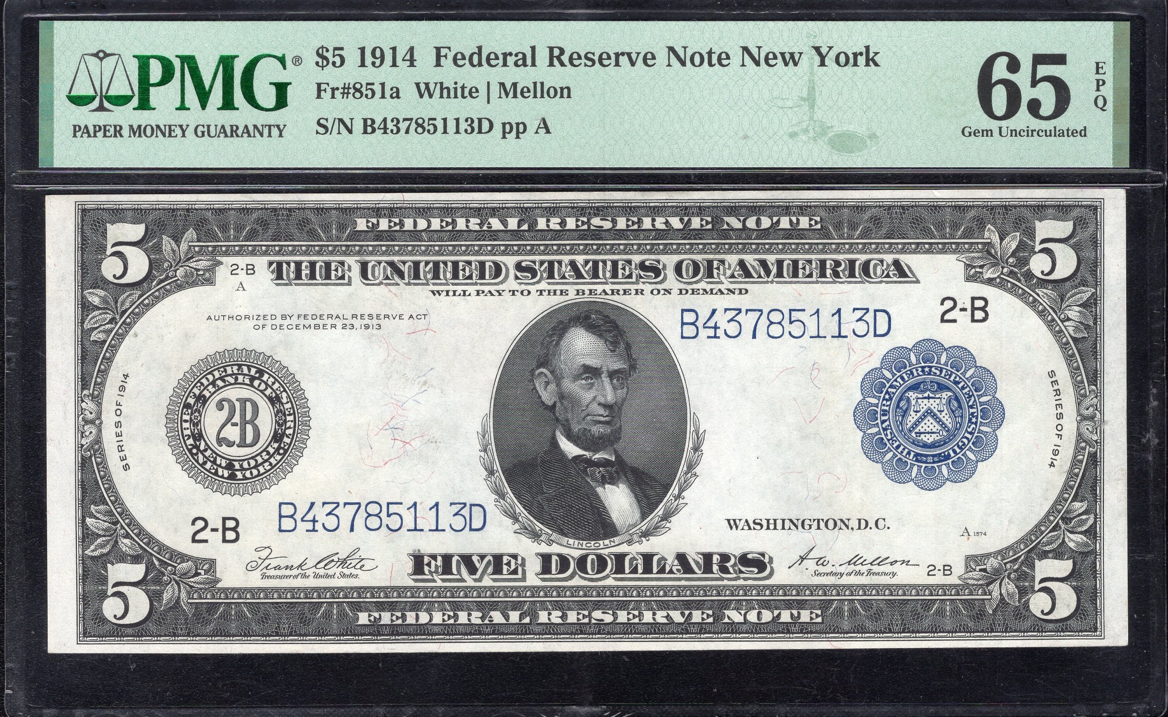 1914 $5 NEW YORK FRN FEDERAL RESERVE NOTE PMG 65 EPQ Fr 851a 85113