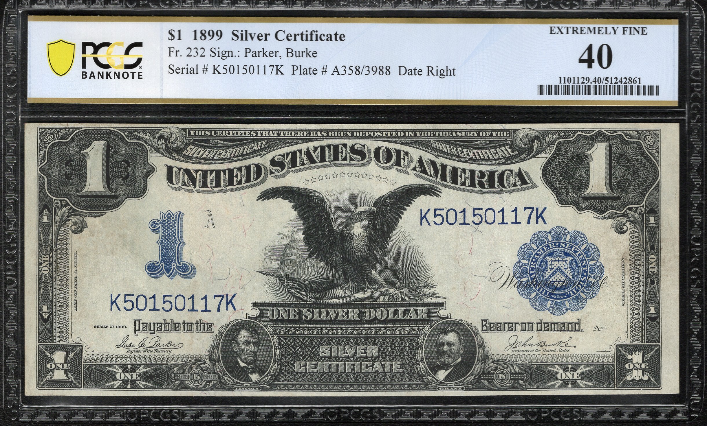 1899 $1 SILVER CERTIFICATE BLACK EAGLE PCGS 40 Fr 232 50117