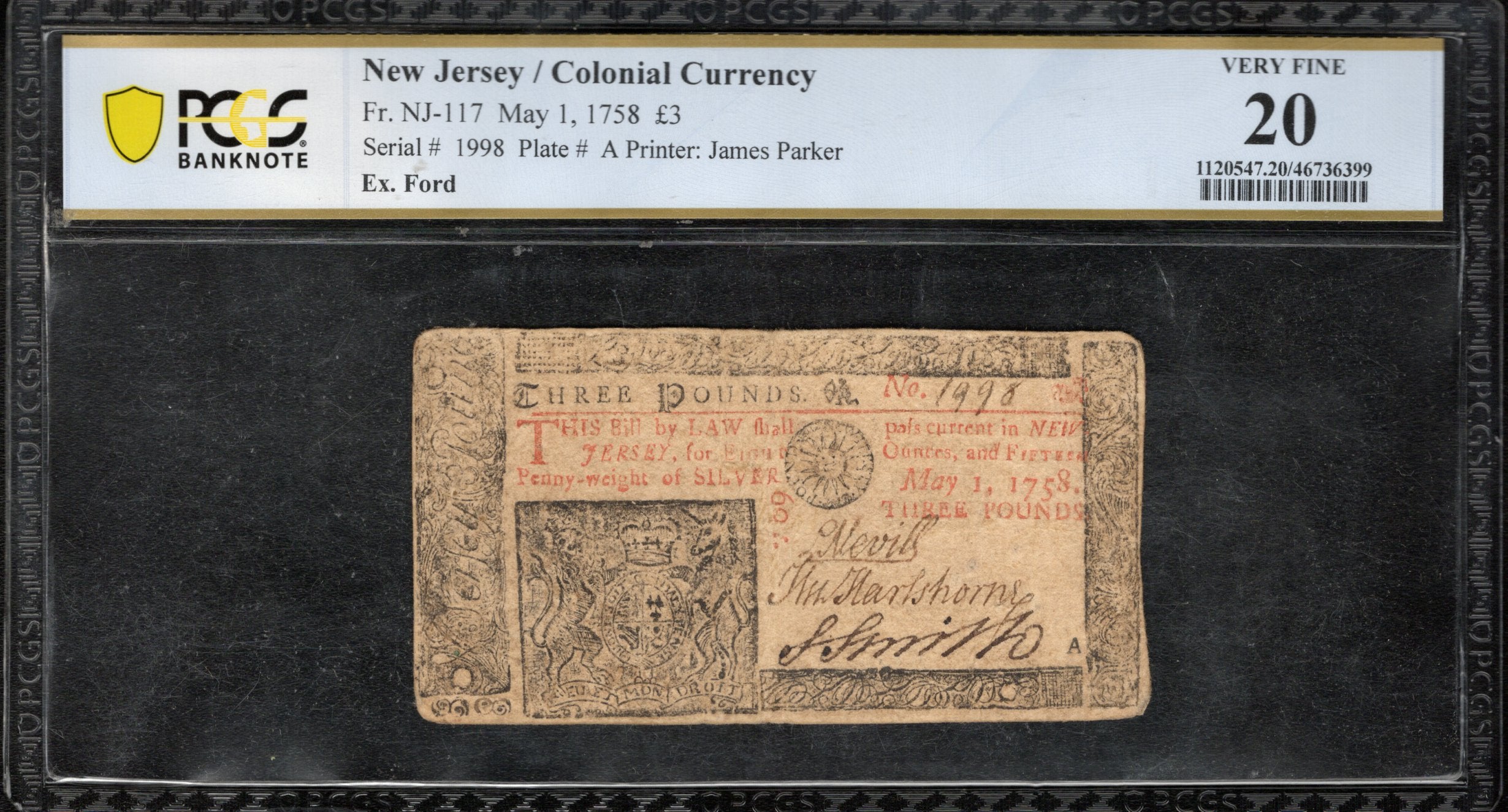 NJ-117 MAY 1, 1758 3 POUNDS COLONIAL CURRENCY PCGS 20 1998