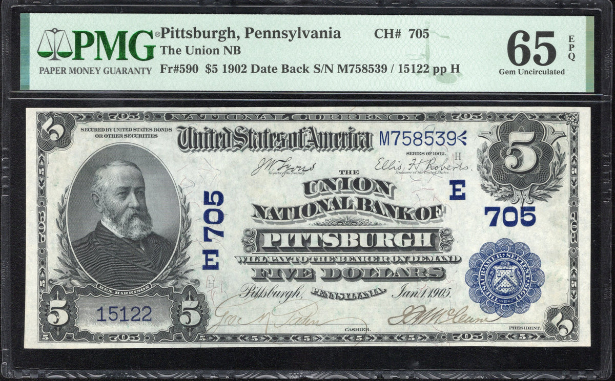 1902 $5 PITTSBURGH, PA NATIONAL BANK NOTE PMG 65 EPQ  15122