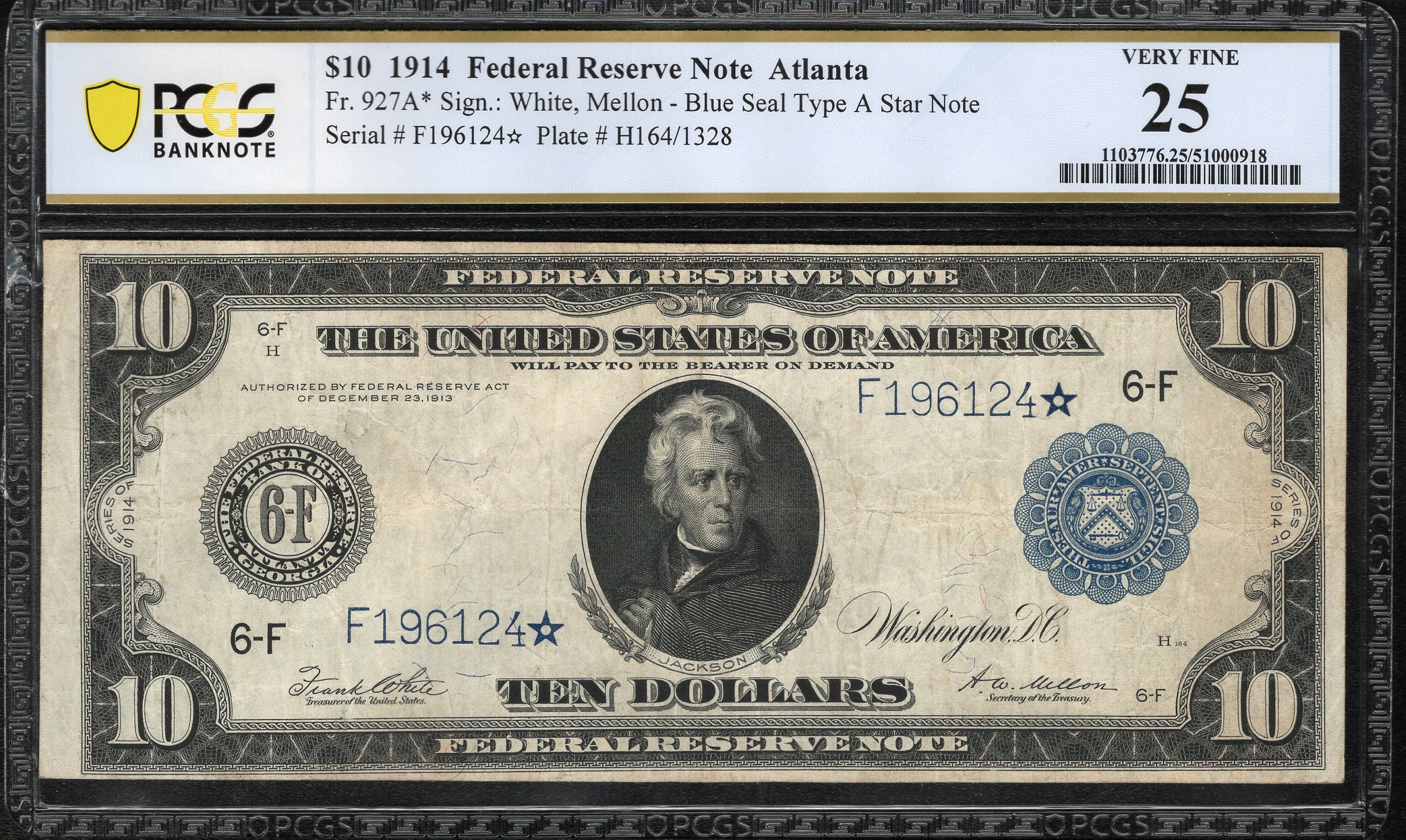 1914 $10 ATLANTA STAR FEDERAL RESERVE NOTE FRN PCGS 25 Fr 927A* 96124