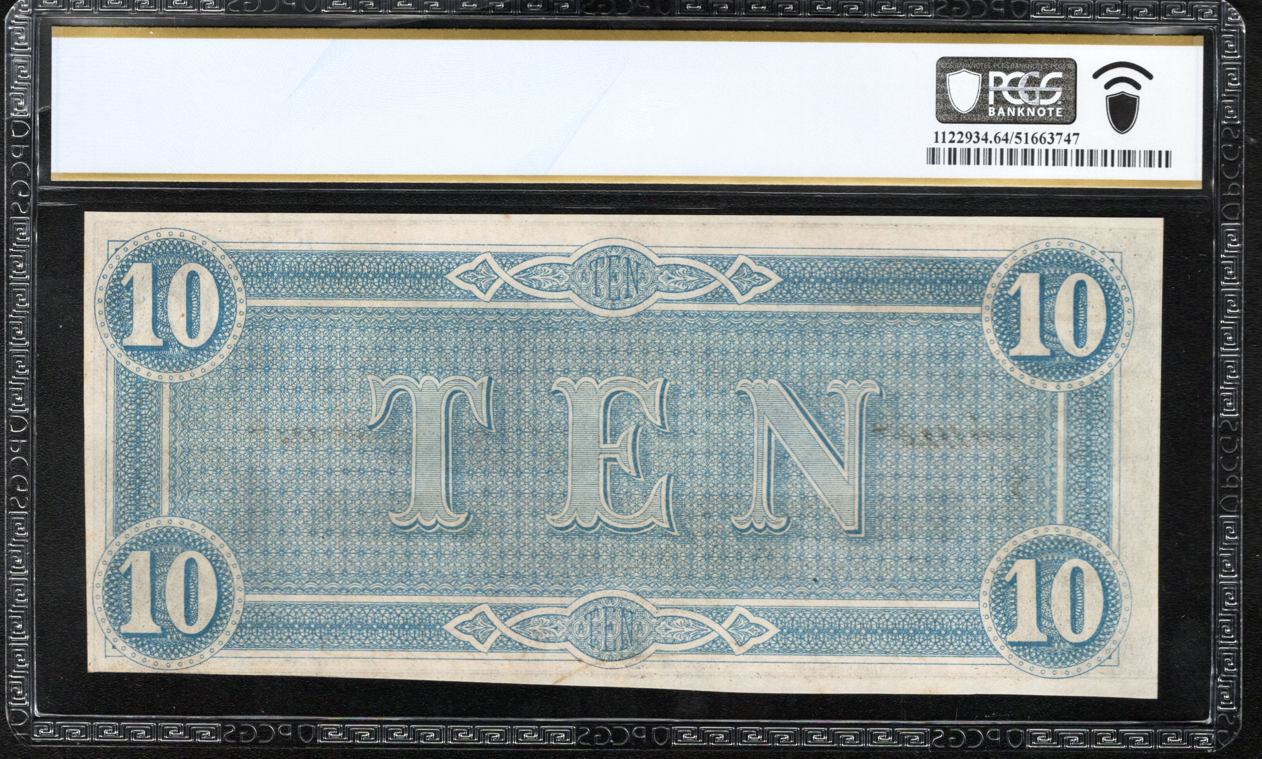 T-68 1864 $10 CONFEDERATE CURRENCY PCGS 64 PPQ CIVIL WAR TEN DOLLAR BILL 41125