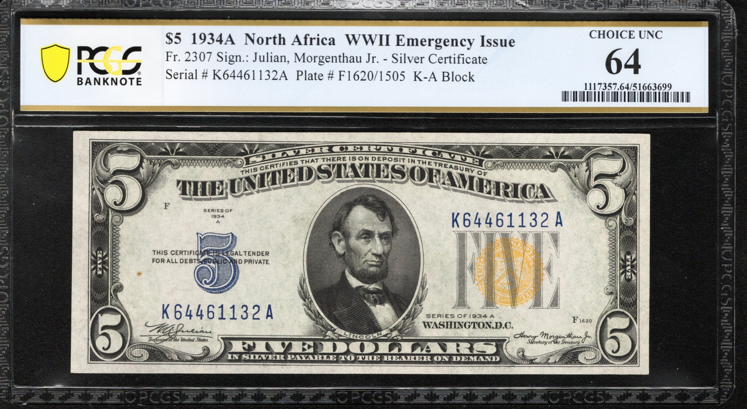 1934-A $5 NORTH AFRICA Silver Certificate PCGS 64 Fr 2307 WWII CURRENCY 61132