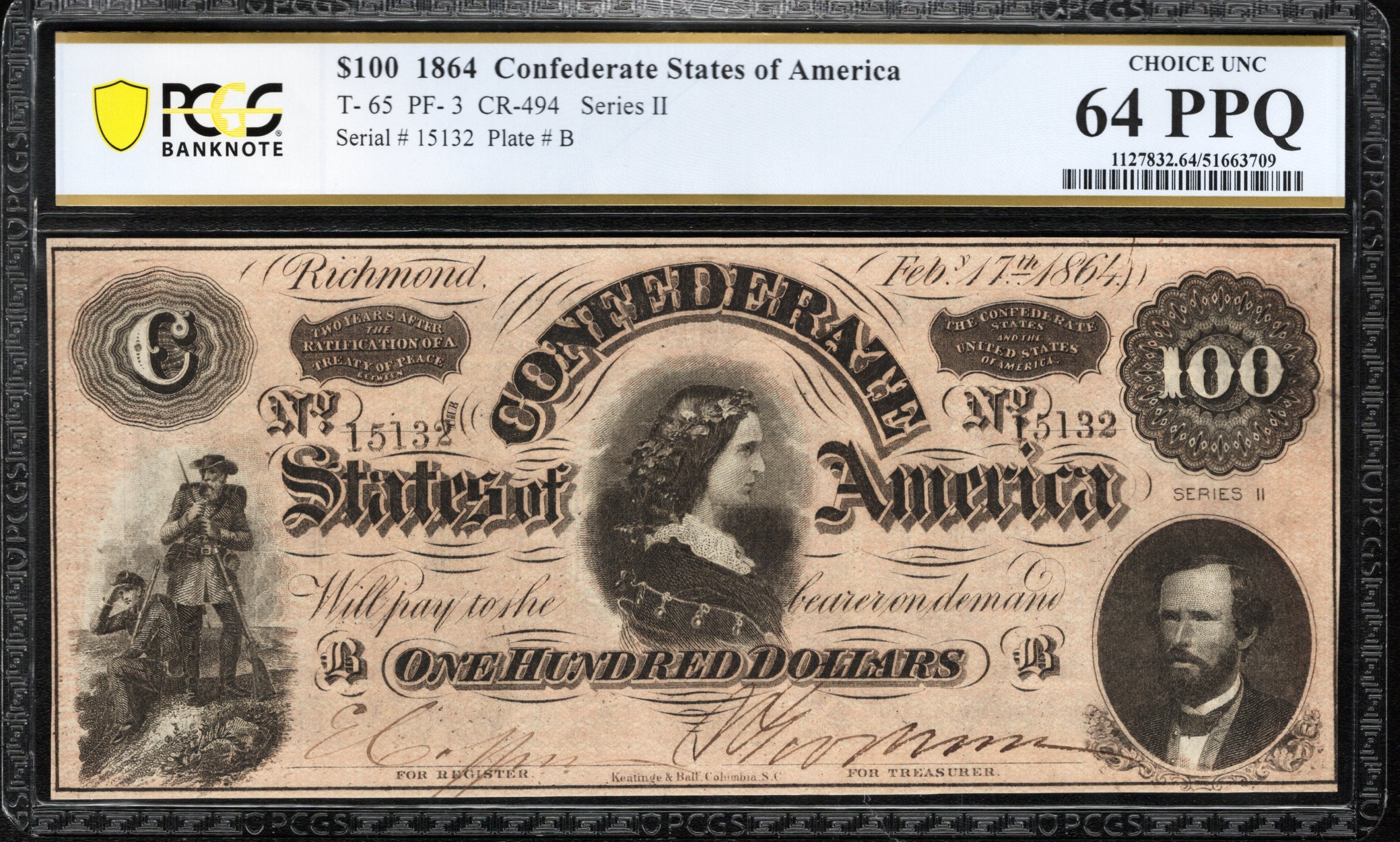 T-65 1864 $100 CONFEDERATE CURRENCY PCGS 64 EPQ LUCY PICKENS CIVIL WAR 15132