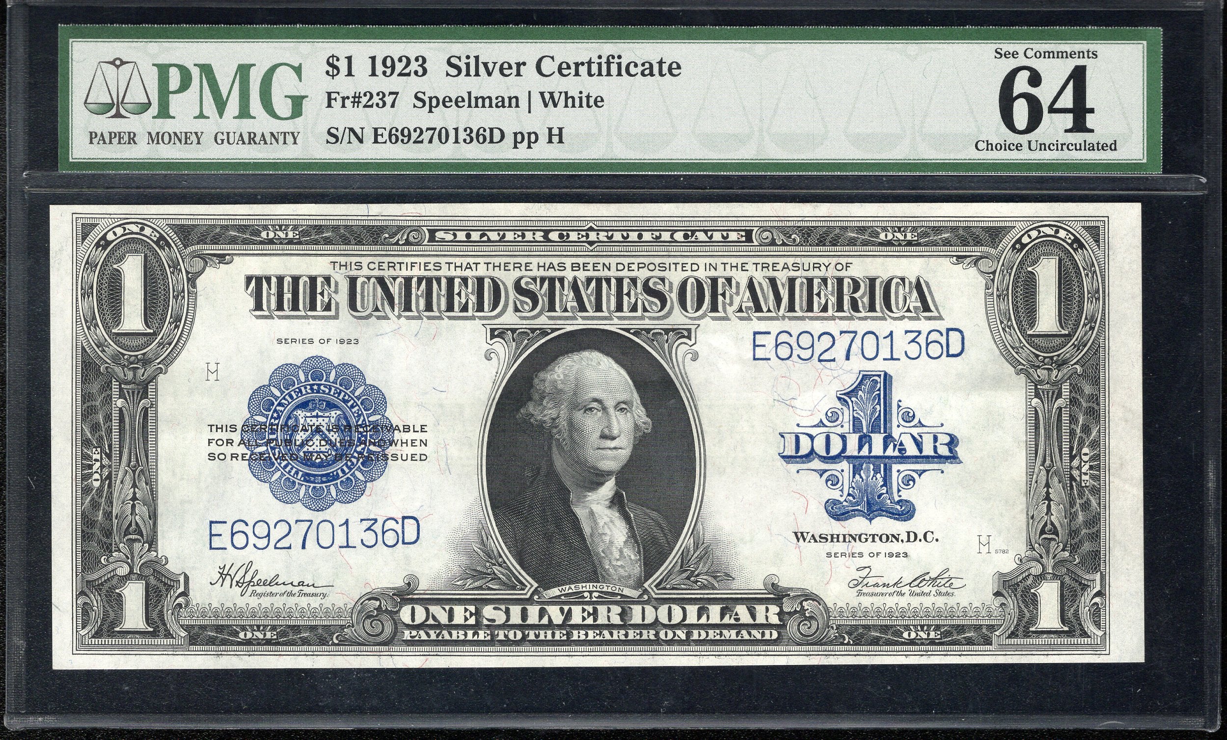 1923 $1 SILVER CERTIFICATE HORSEBLANKET PMG 64 EPQ Fr 237 ONE DOLLAR BILL 70136