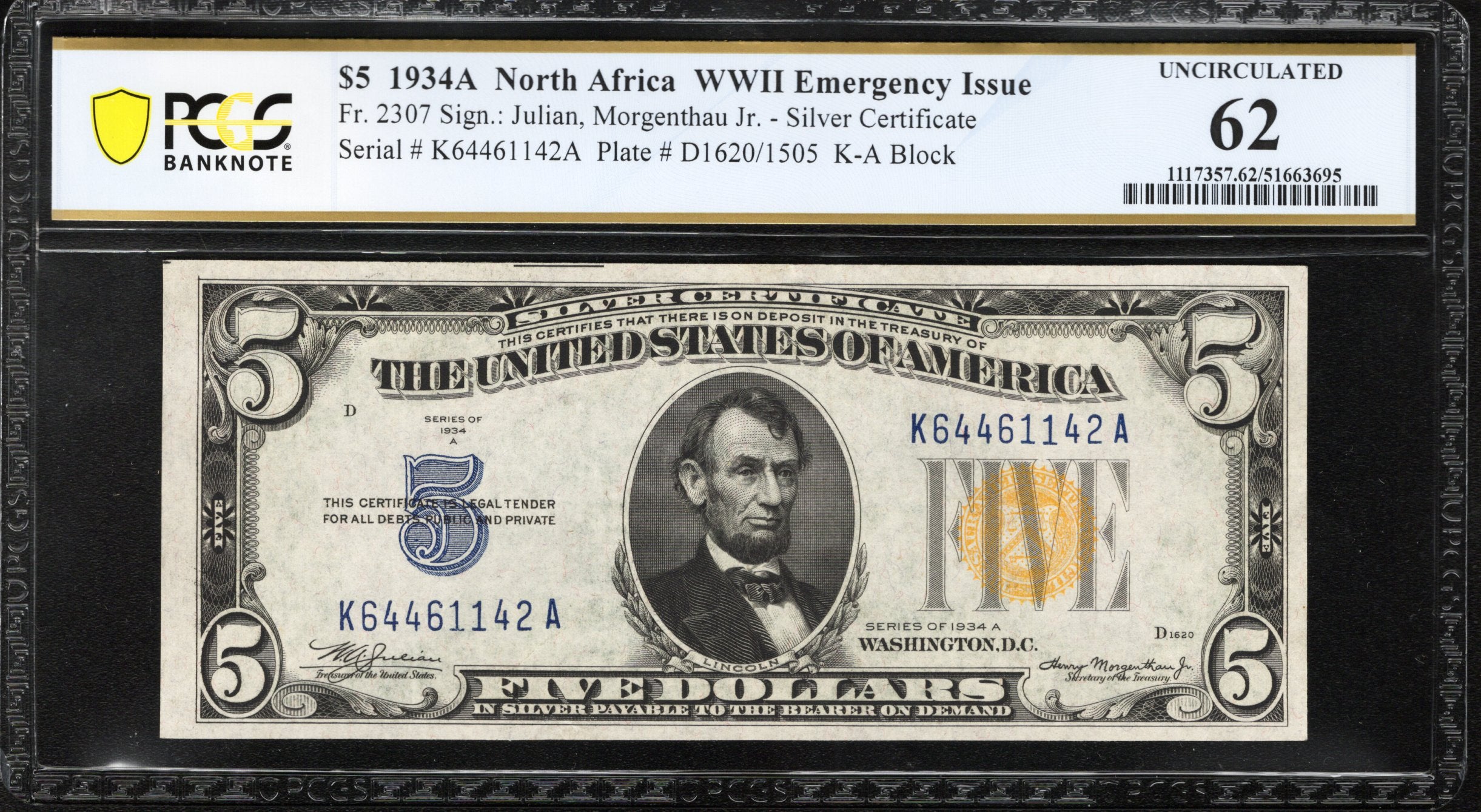 1934-A $5 NORTH AFRICA Silver Certificate PCGS 62 Fr 2307 WWII CURRENCY 61142