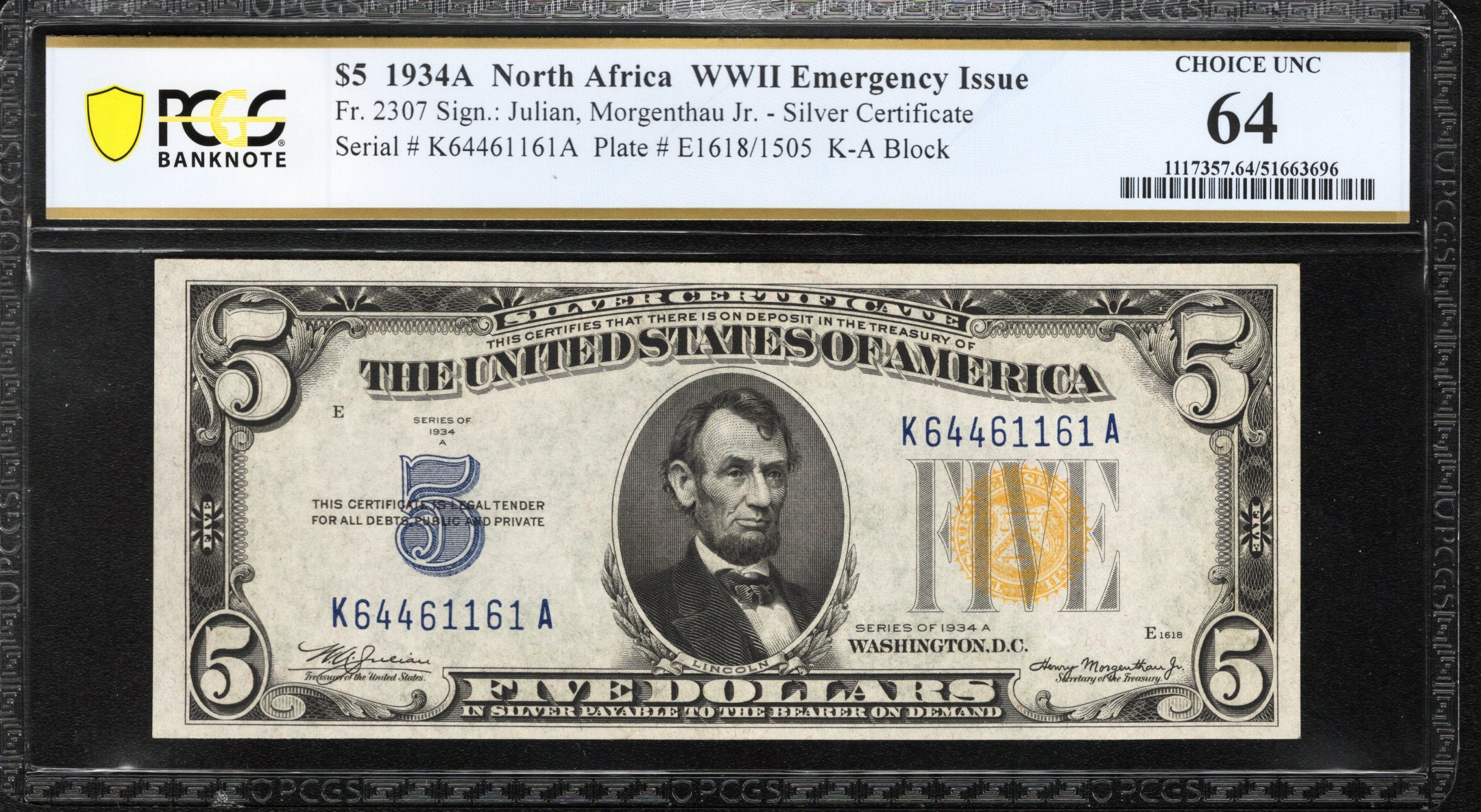1934-A $5 NORTH AFRICA Silver Certificate PCGS 64 Fr 2307 WWII CURRENCY 61161