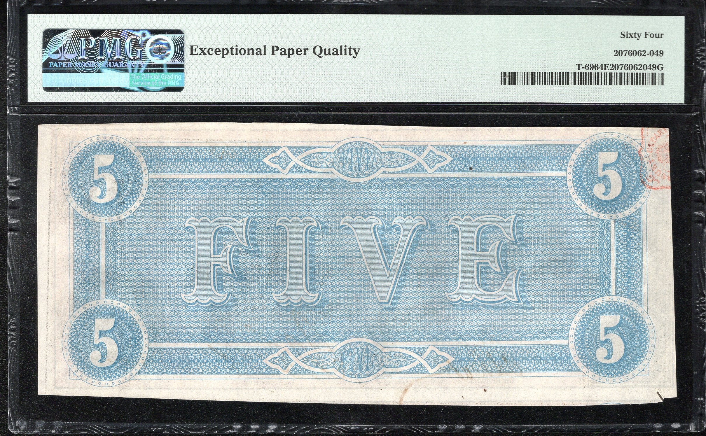 T-69 1864 $5 CONFEDERATE CURRENCY PMG 64 EPQ CIVIL WAR NOTE 100163