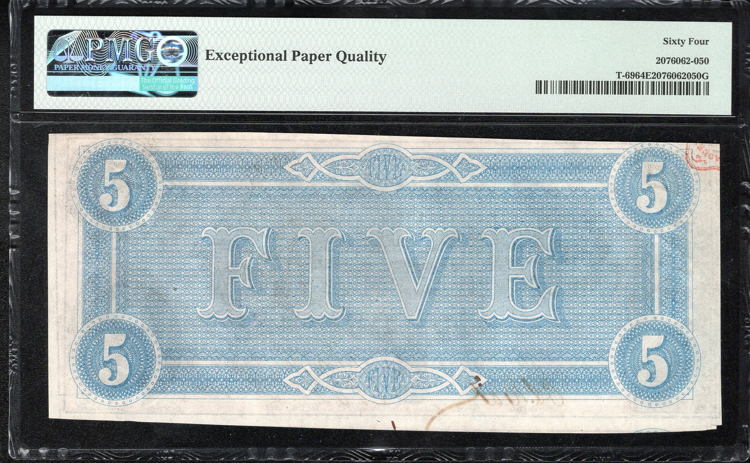T-69 1864 $5 CONFEDERATE CURRENCY PMG 64 EPQ CIVIL WAR NOTE 100164