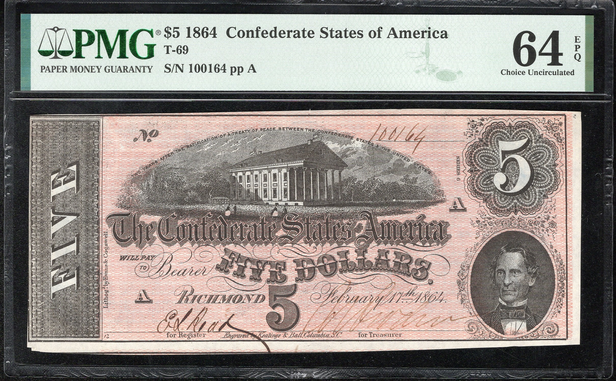 T-69 1864 $5 CONFEDERATE CURRENCY PMG 64 EPQ CIVIL WAR NOTE 100164