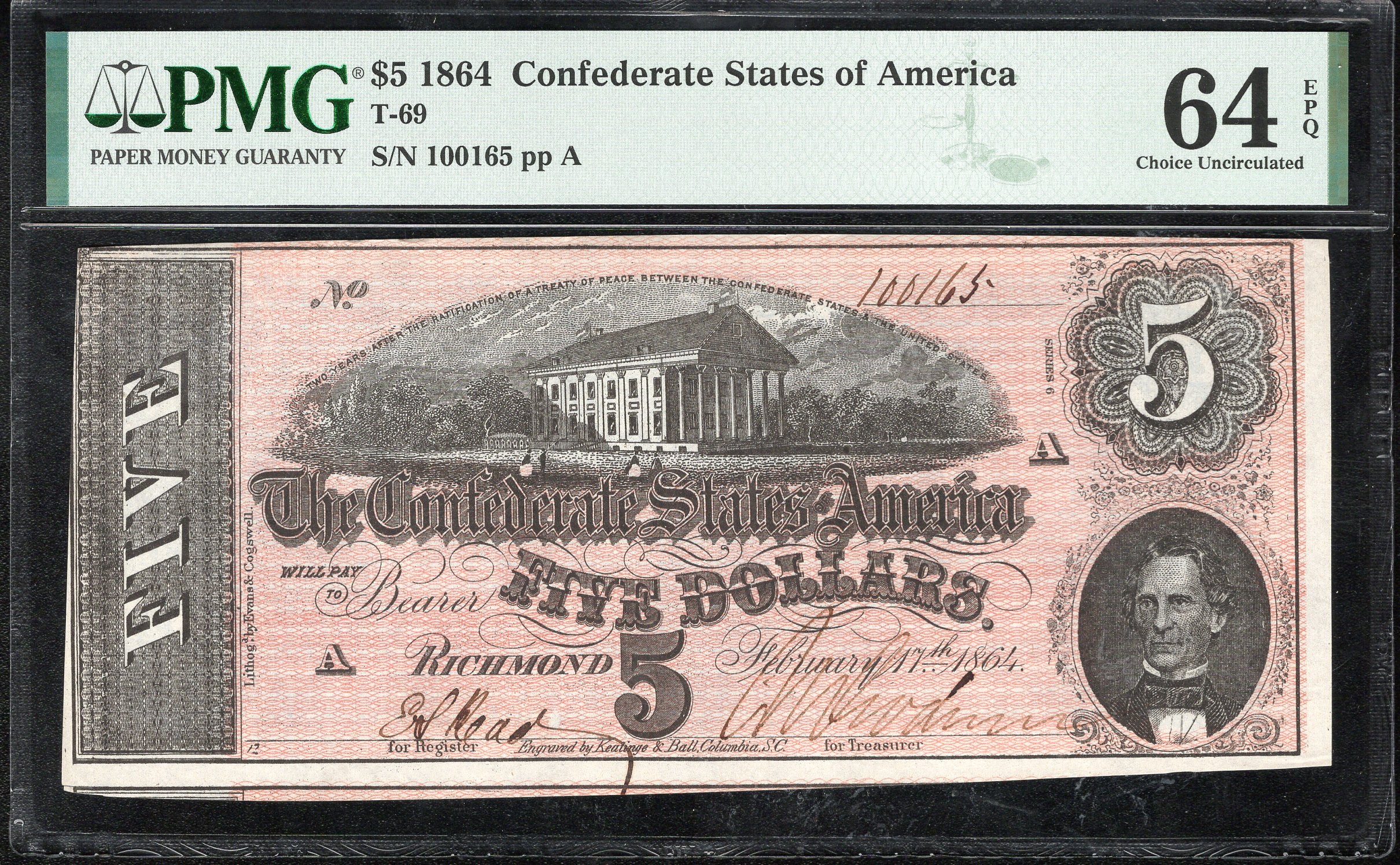T-69 1864 $5 CONFEDERATE CURRENCY PMG 64 EPQ CIVIL WAR NOTE 100165