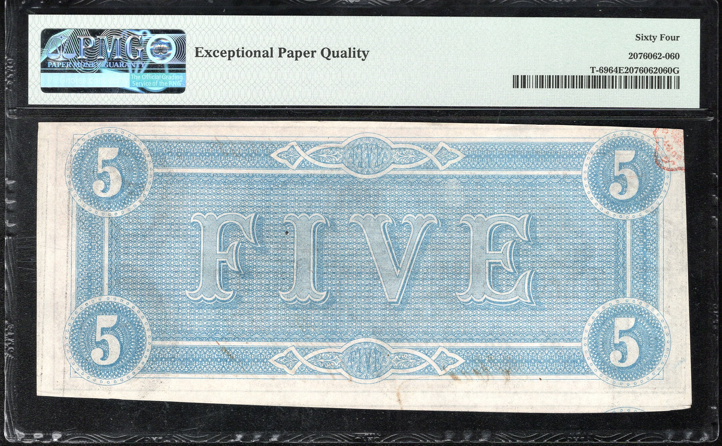 T-69 1864 $5 CONFEDERATE CURRENCY PMG 64 EPQ CIVIL WAR NOTE 100165