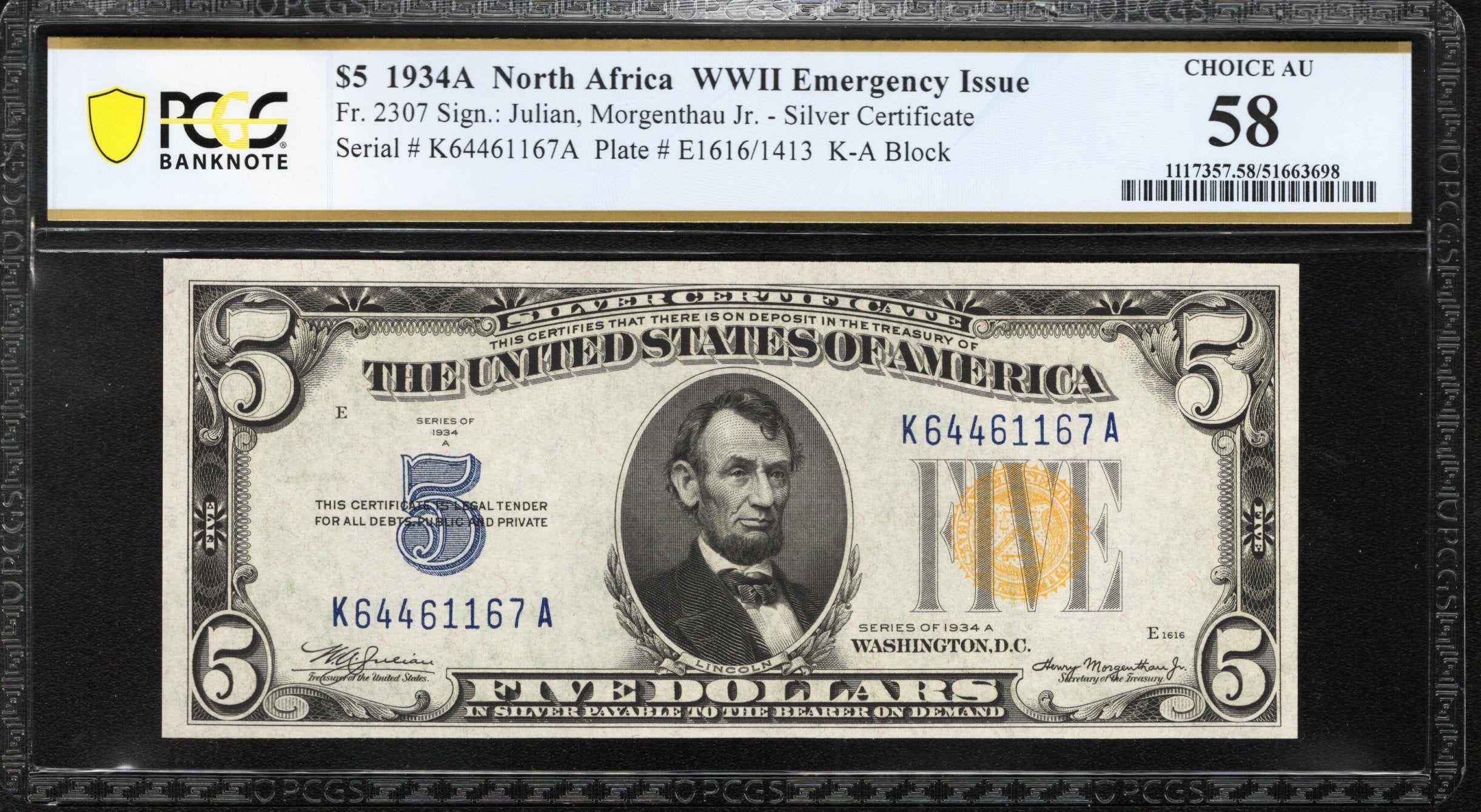 1934-A $5 NORTH AFRICA Silver Certificate PCGS 58 Fr 2307 WWII CURRENCY 61167