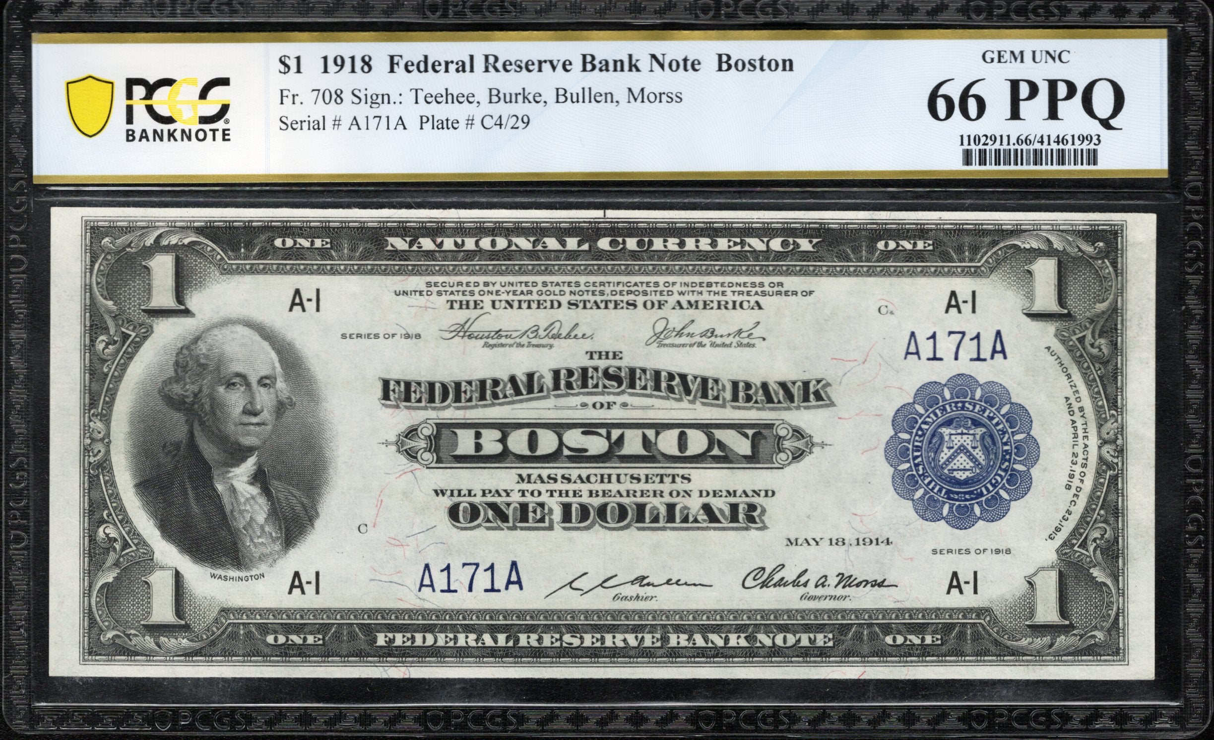 1918 $1 BOSTON FRBN GREEN EAGLE PCGS 66 PPQ Fr 708 LOW SERIAL NUMBER 171