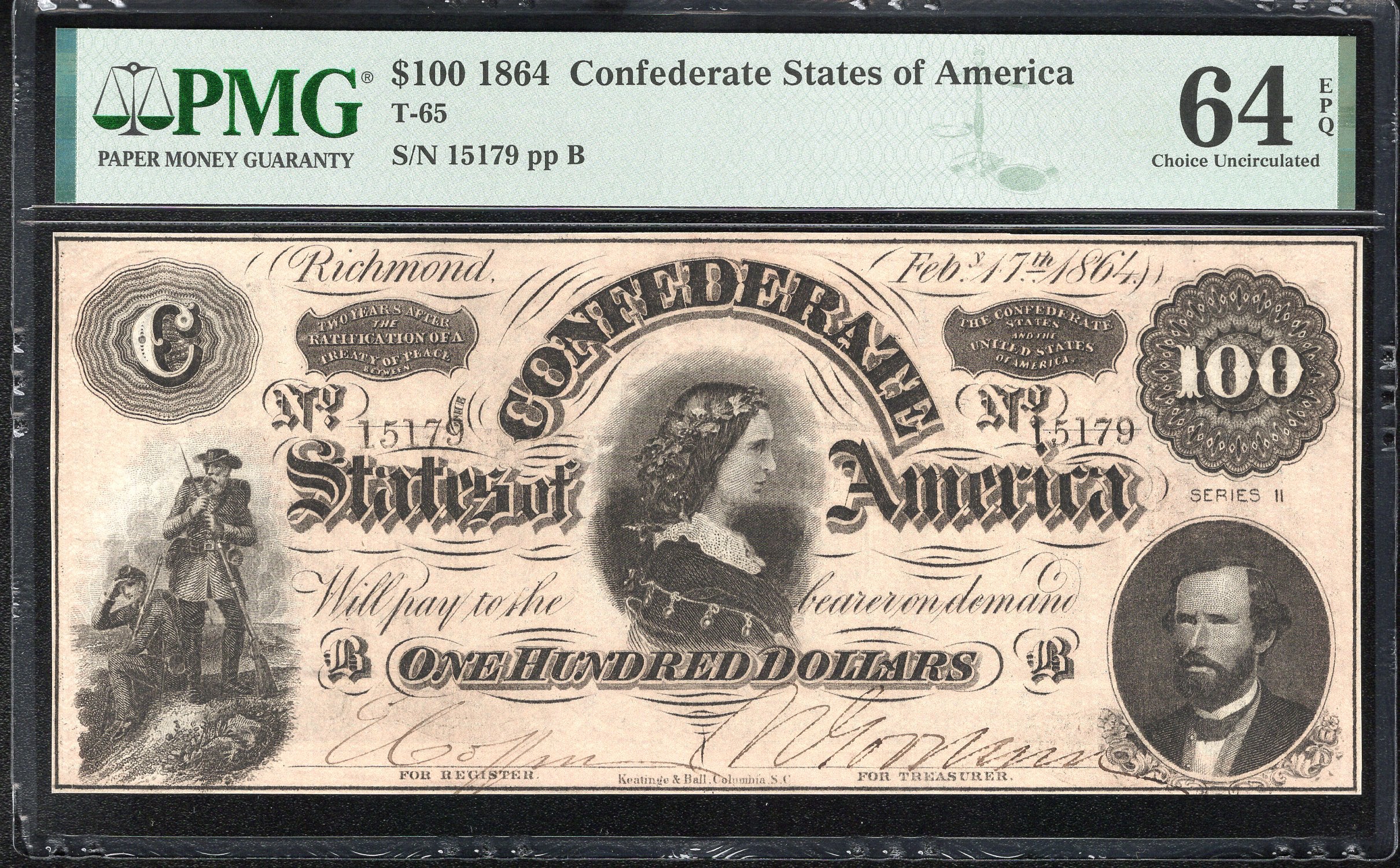 T-65 1864 $100 CONFEDERATE CURRENCY PMG 64 EPQ LUCY PICKENS CIVIL WAR 15179