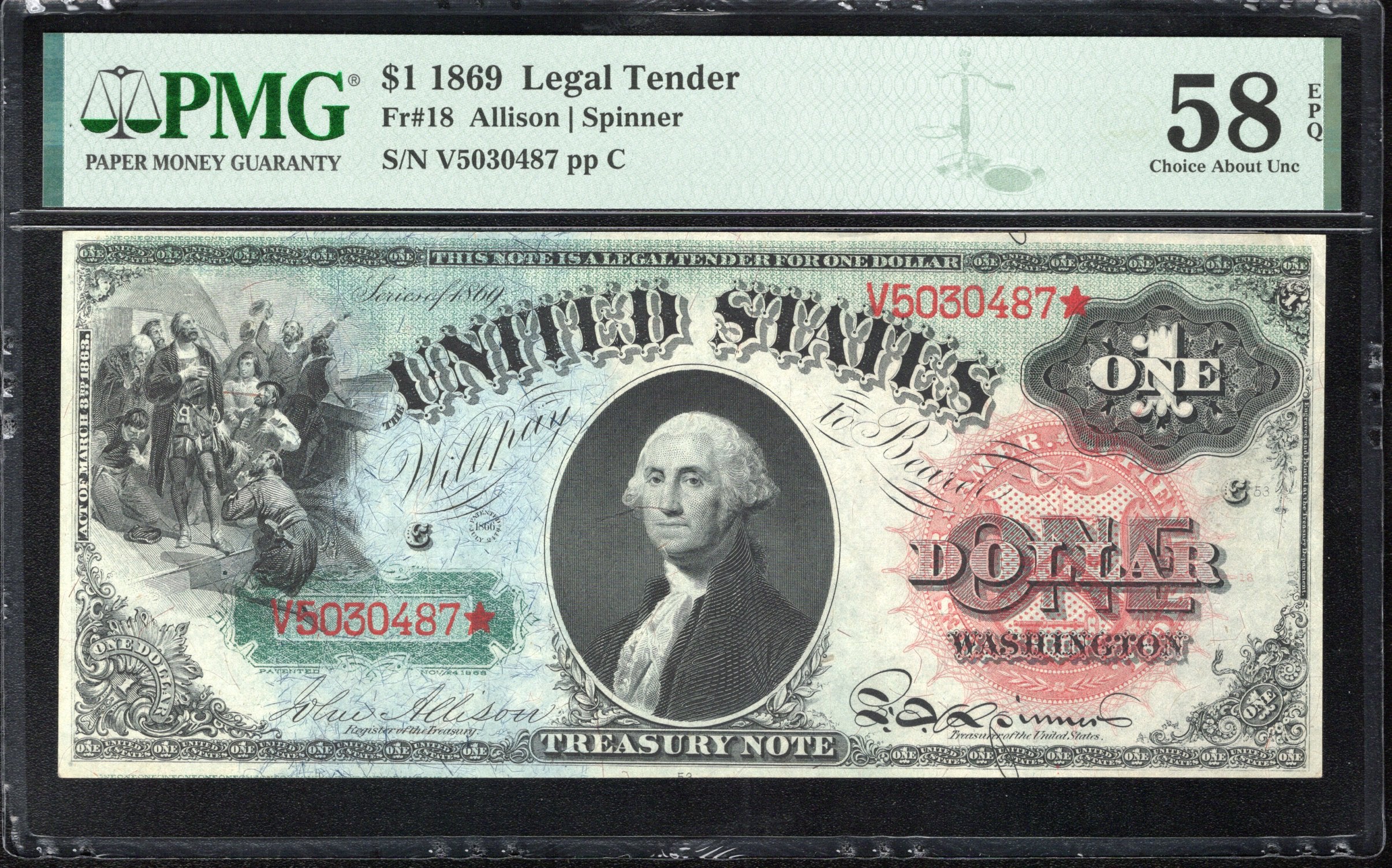 1869 $1 LEGAL TENDER RAINBOW NOTE PMG 58 EPQ Fr 18 30487