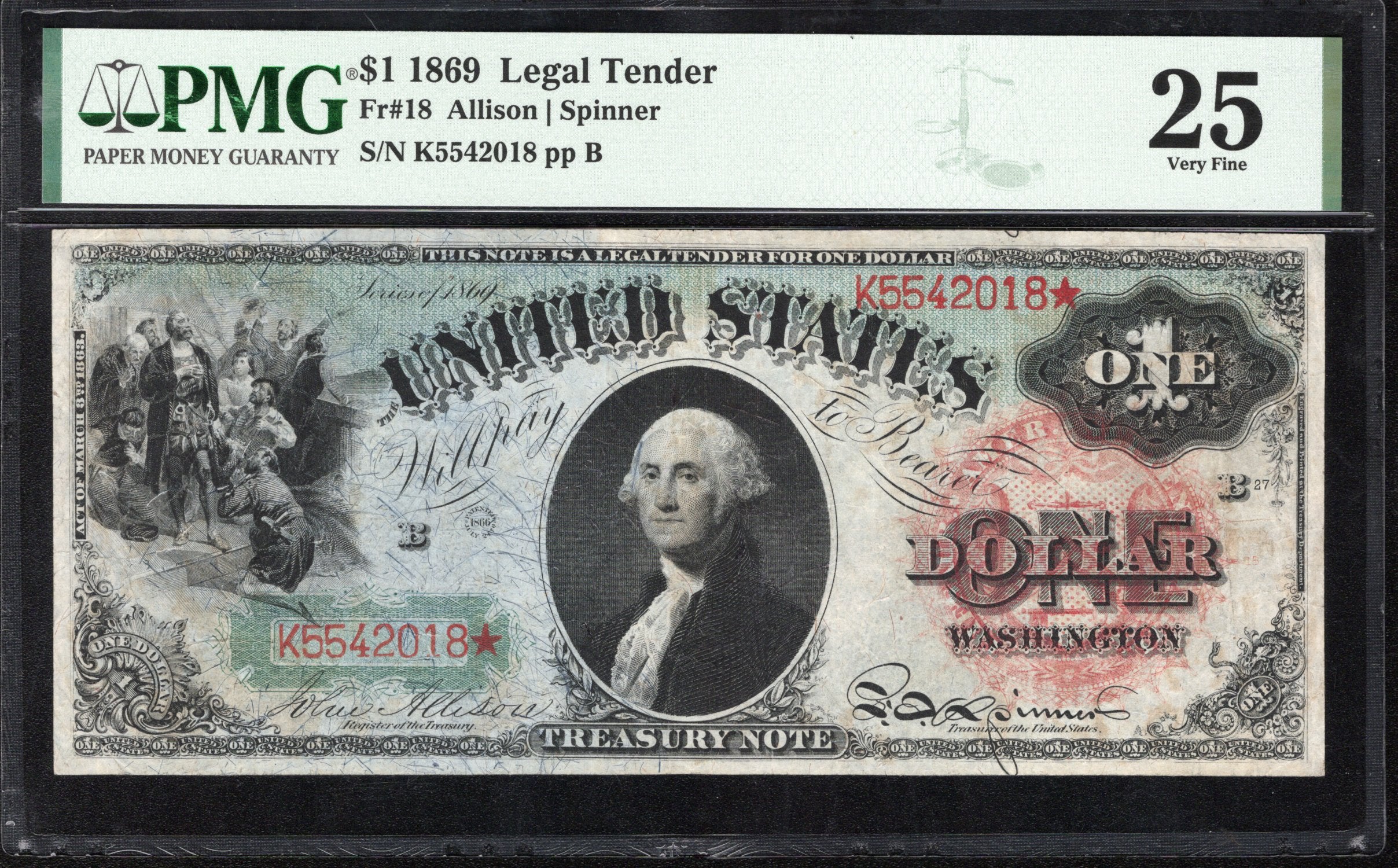 1869 $1 Legal Tender Rainbow Note PMG