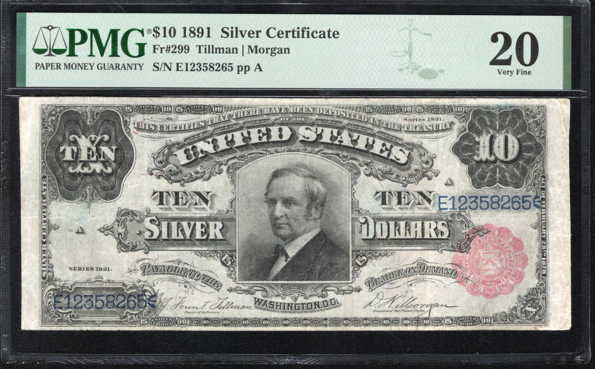 1891 $10 SILVER CERTIFICATE "TOMBSTONE" PMG 20 Fr 299 58265