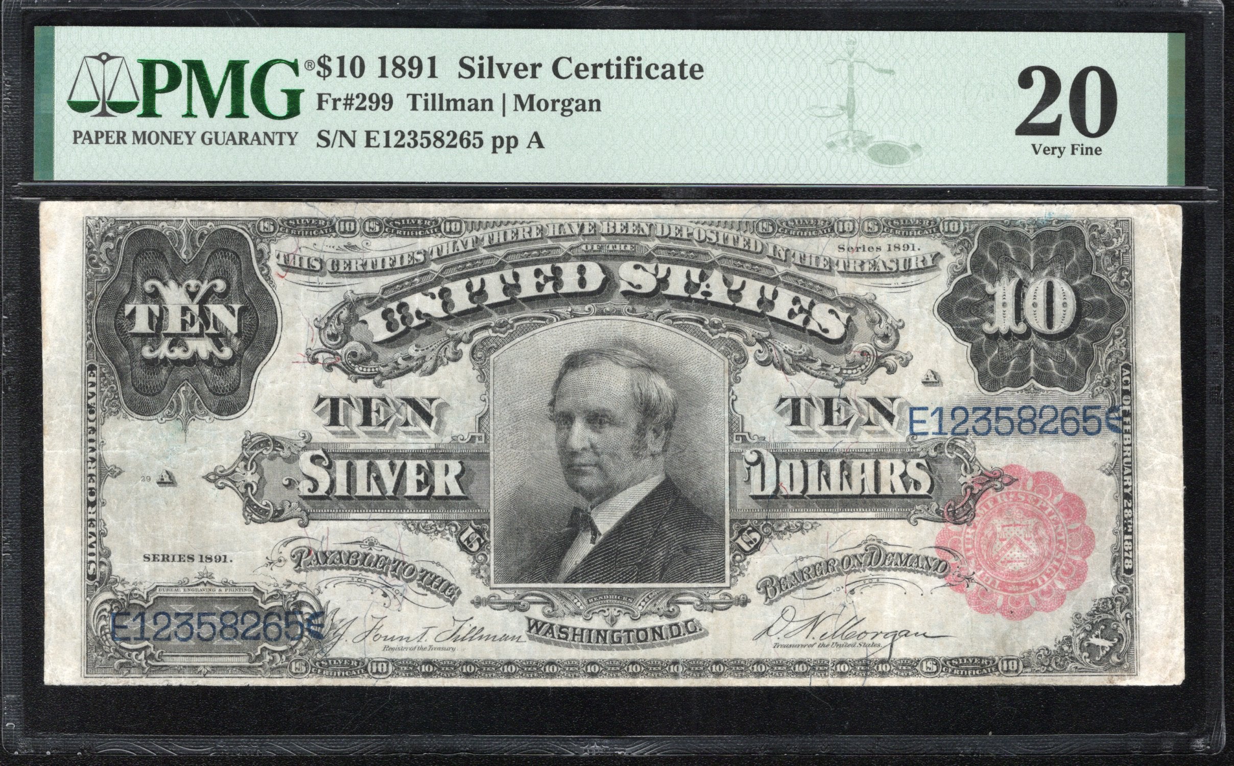 1891 $10 SILVER CERTIFICATE "TOMBSTONE" PMG 20 Fr 299 58265
