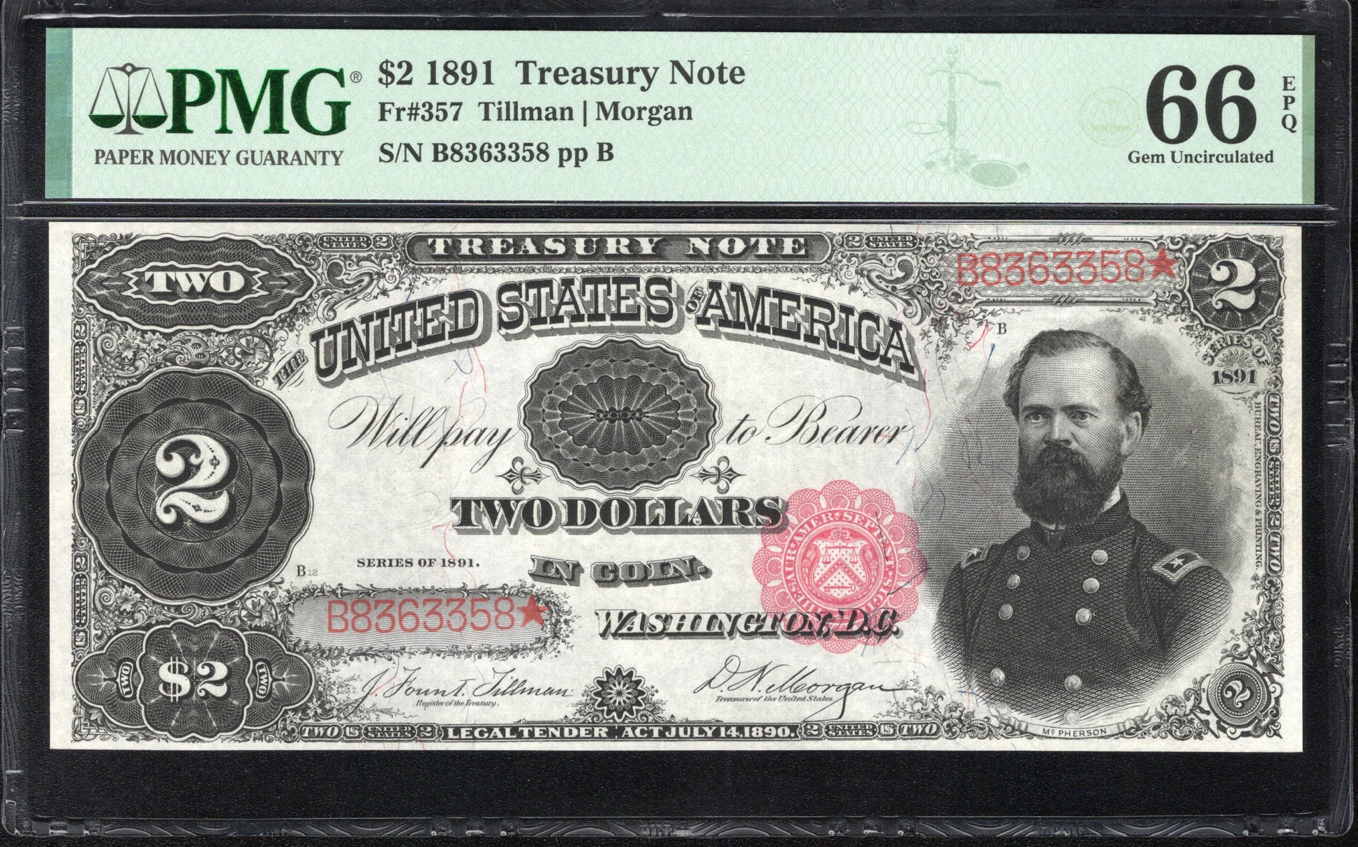 1891 $2 TREASURY NOTE "MCPHERSON" PMG 66 EPQ Fr 357