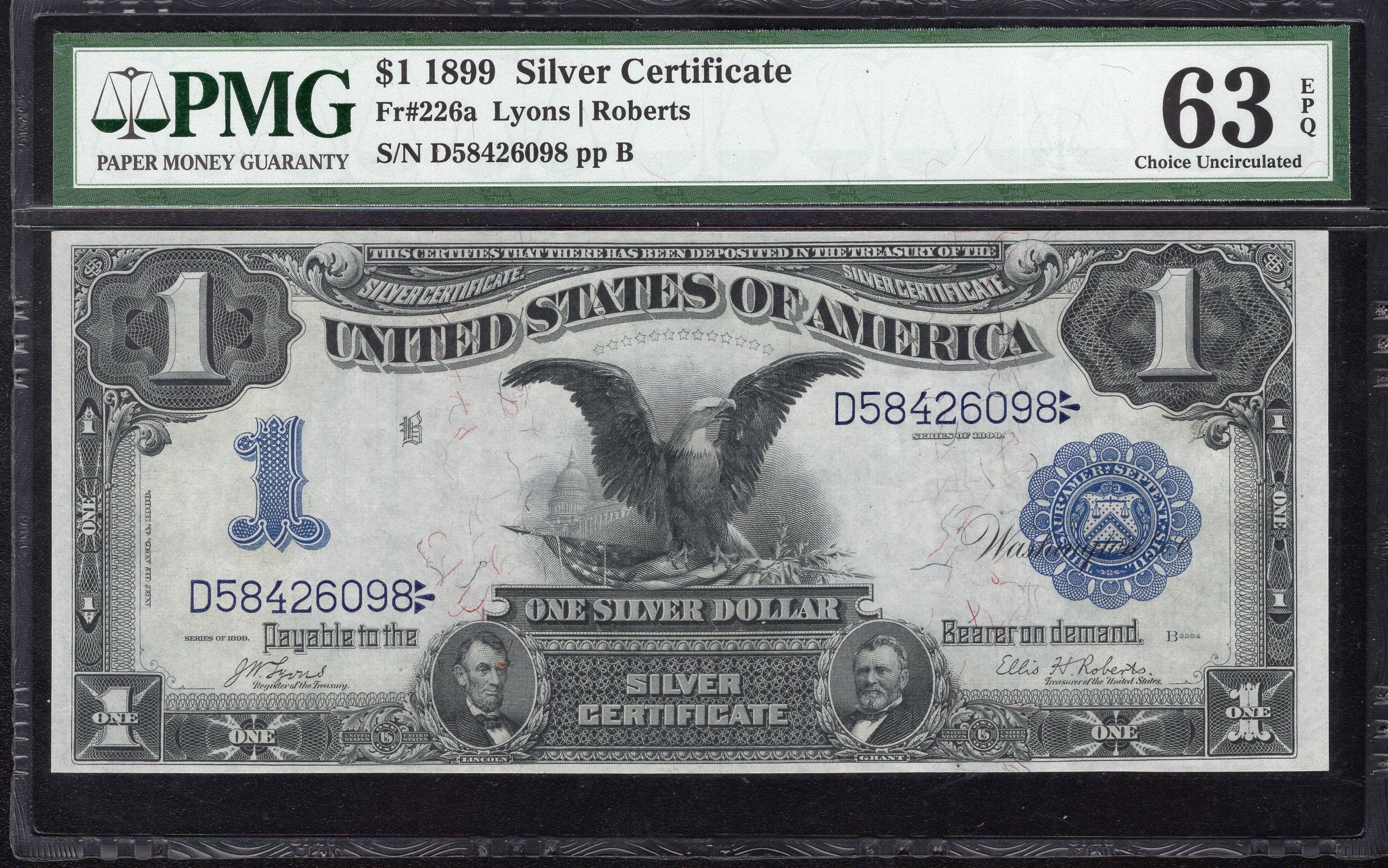 1899 $1 SILVER CERTIFICATE "BLACK EAGLE" PMG 63 EPQ Fr 226a DATE BELOW 26098