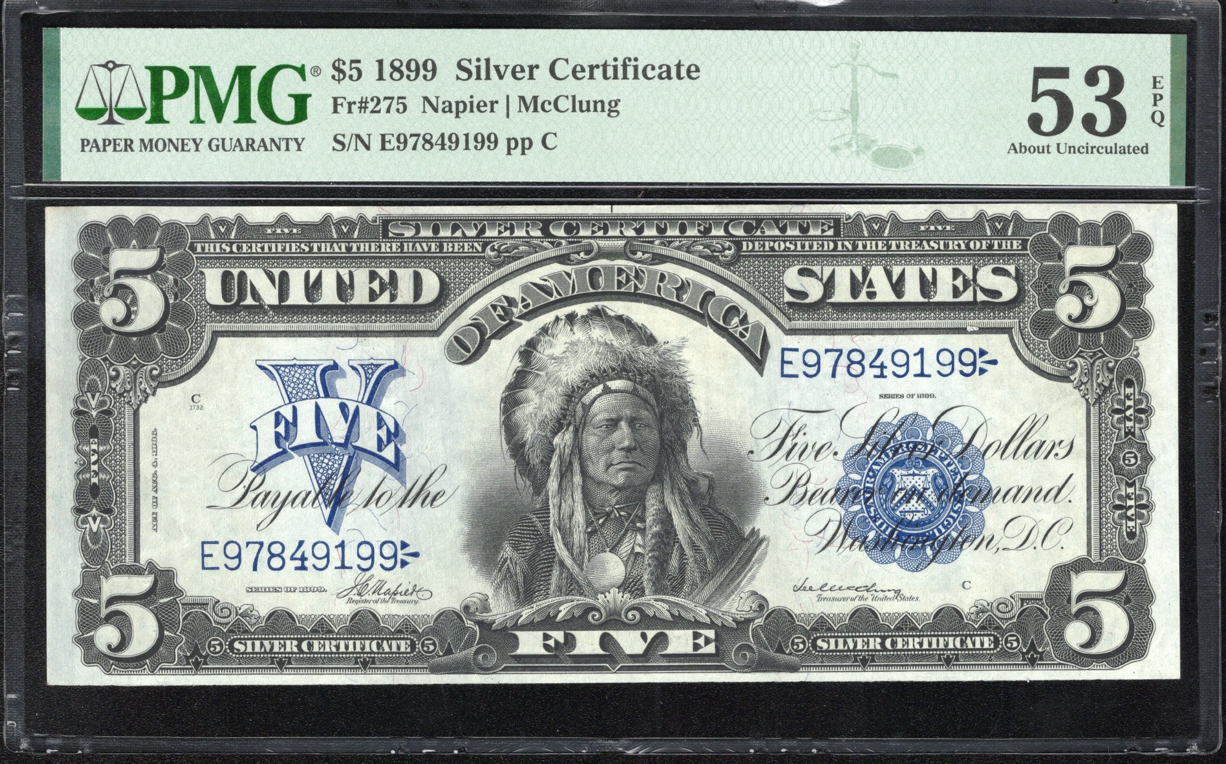 1899 $5 SILVER CERTIFICATE INDIAN CHIEF PMG 53 EPQ Fr 275 49199