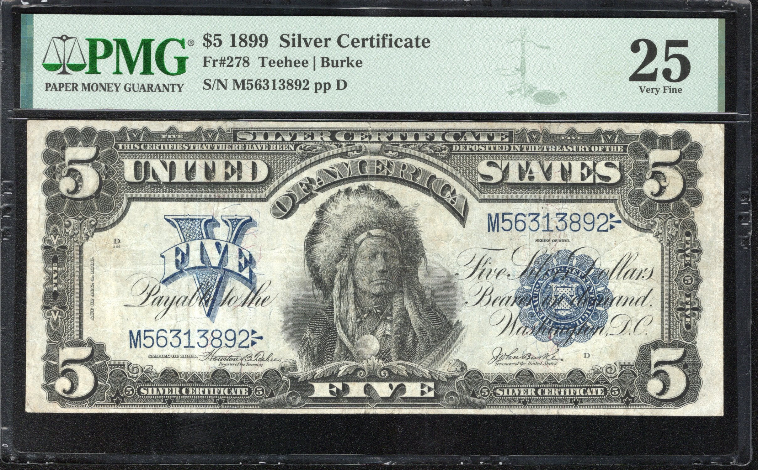 1899 $5 SILVER CERTIFICATE CHIEF NOTE PMG 25 Fr 278 13892