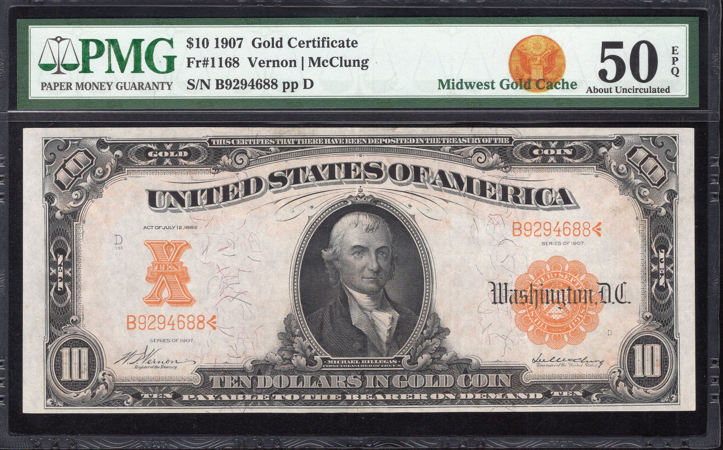 1907 $10 GOLD CERTIFICATE "HILLEGAS" PMG 50 EPQ Fr 1167 94688