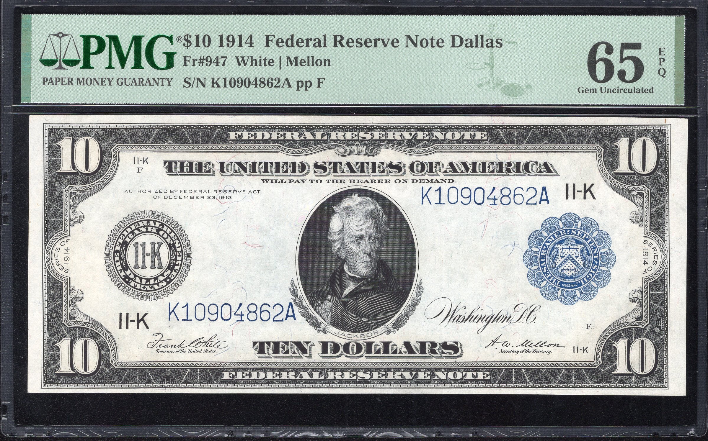 1914 $10 DALLAS FRN FEDERAL RESERVE NOTE PMG 65 EPQ Fr 947 04862