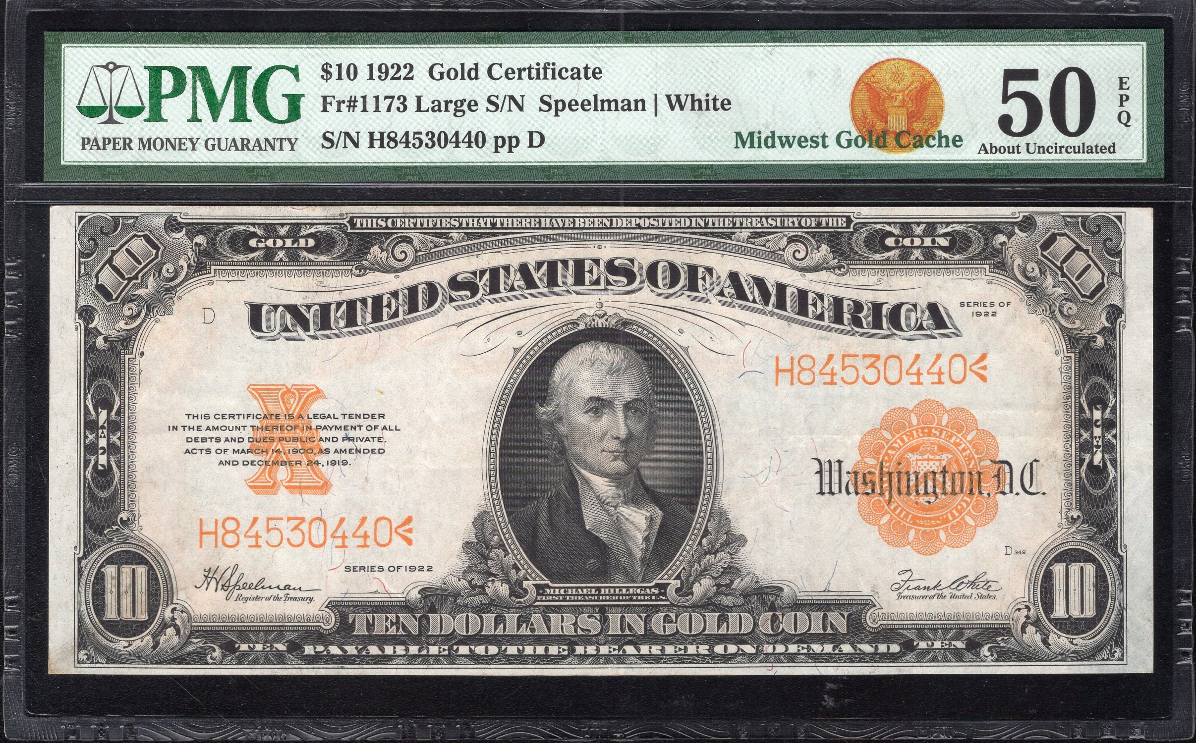 1922 $10 GOLD CERTIFICATE "HILLEGAS" PMG 50 EPQ  Fr 1173 30440