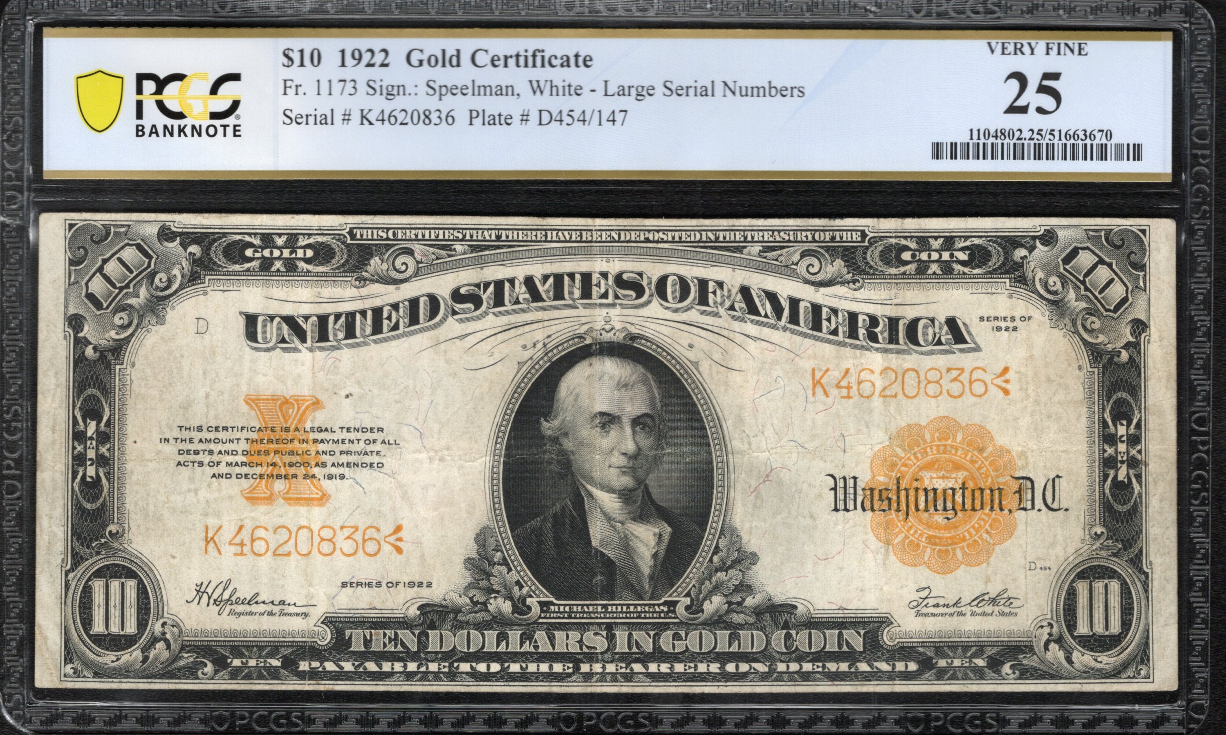 
1922 $10 GOLD CERTIFICATE "HILLEGAS" PCGS 25 TEN DOLLAR BILL Fr 1173 20836