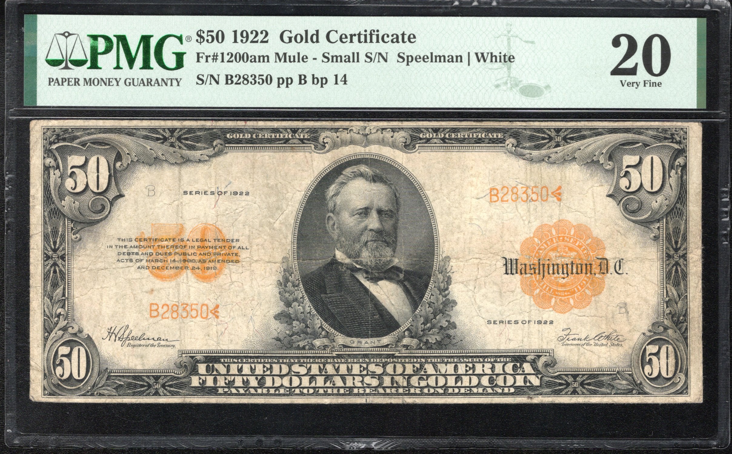 1922 $50 GOLD CERTIFICATE PMG 20 SMALL S/N MULE Fr 1200 am 28350