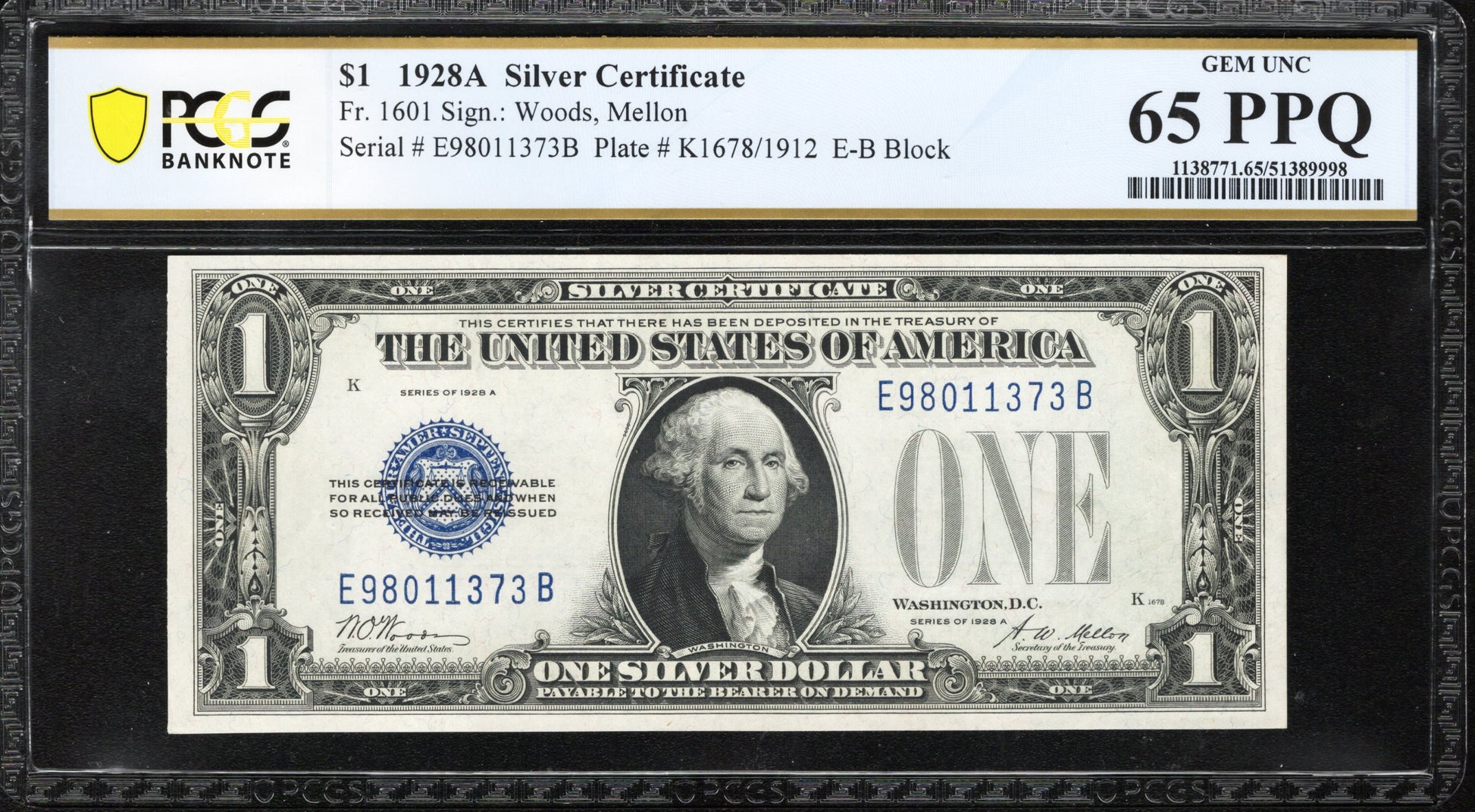 1928-A $1 SILVER CERTIFICATE FUNNY BACK PCGS 65 PPQ Fr 1601