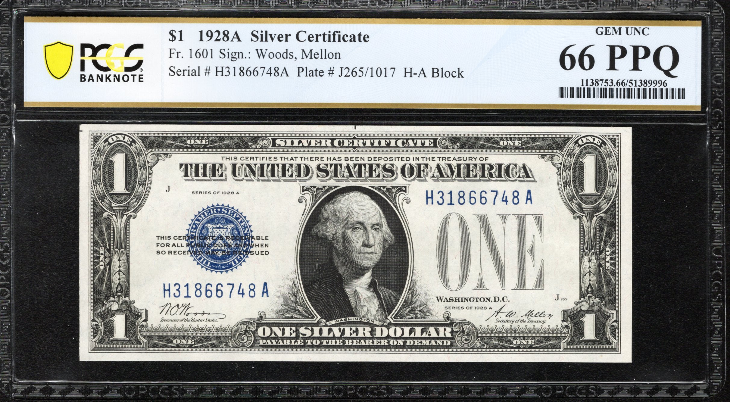 
1928-A $1 SILVER CERTIFICATE FUNNY BACK PCGS 66 PPQ Fr 1601 66748