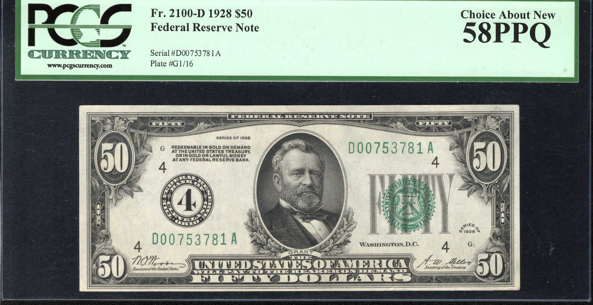 1928 $50 CLEVELAND NUMERICAL FRN Federal Reserve Note PCGS 58 PPQ Fr 2050-D 3778
