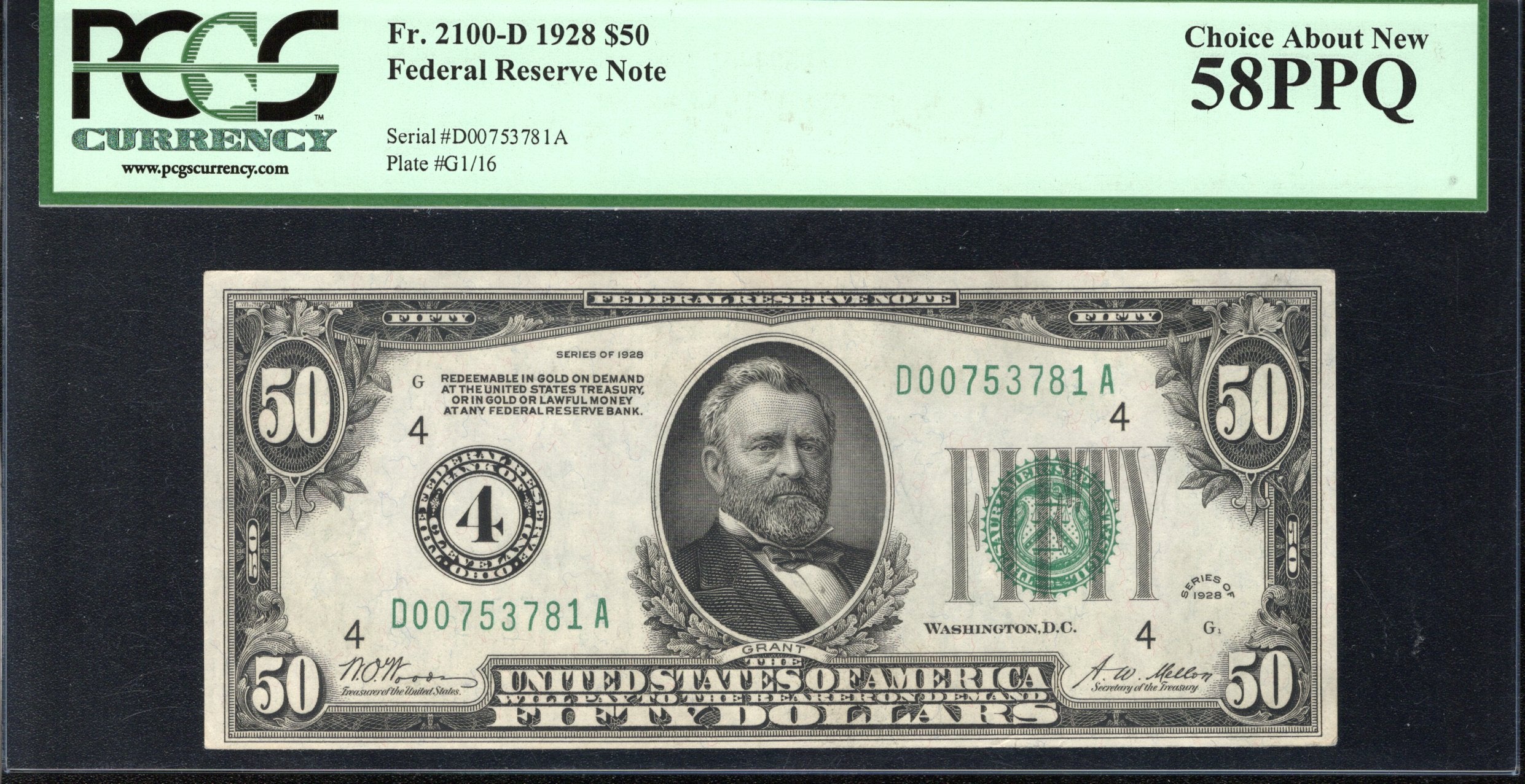 1928 $50 CLEVELAND NUMERICAL FRN Federal Reserve Note PCGS 58 PPQ Fr 2050-D 3778