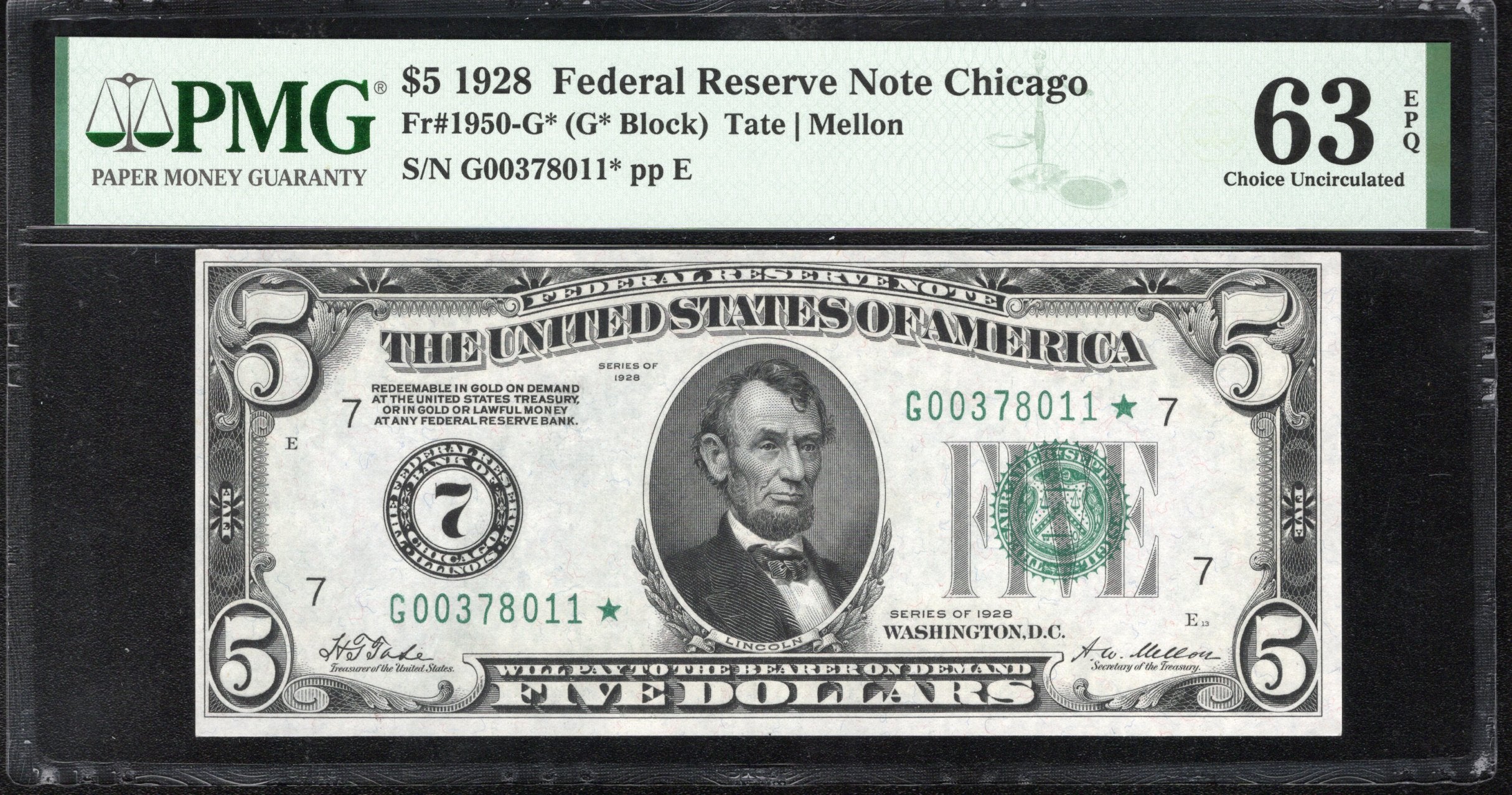 1928 $5 Federal Reserve Note with PMG grading label
