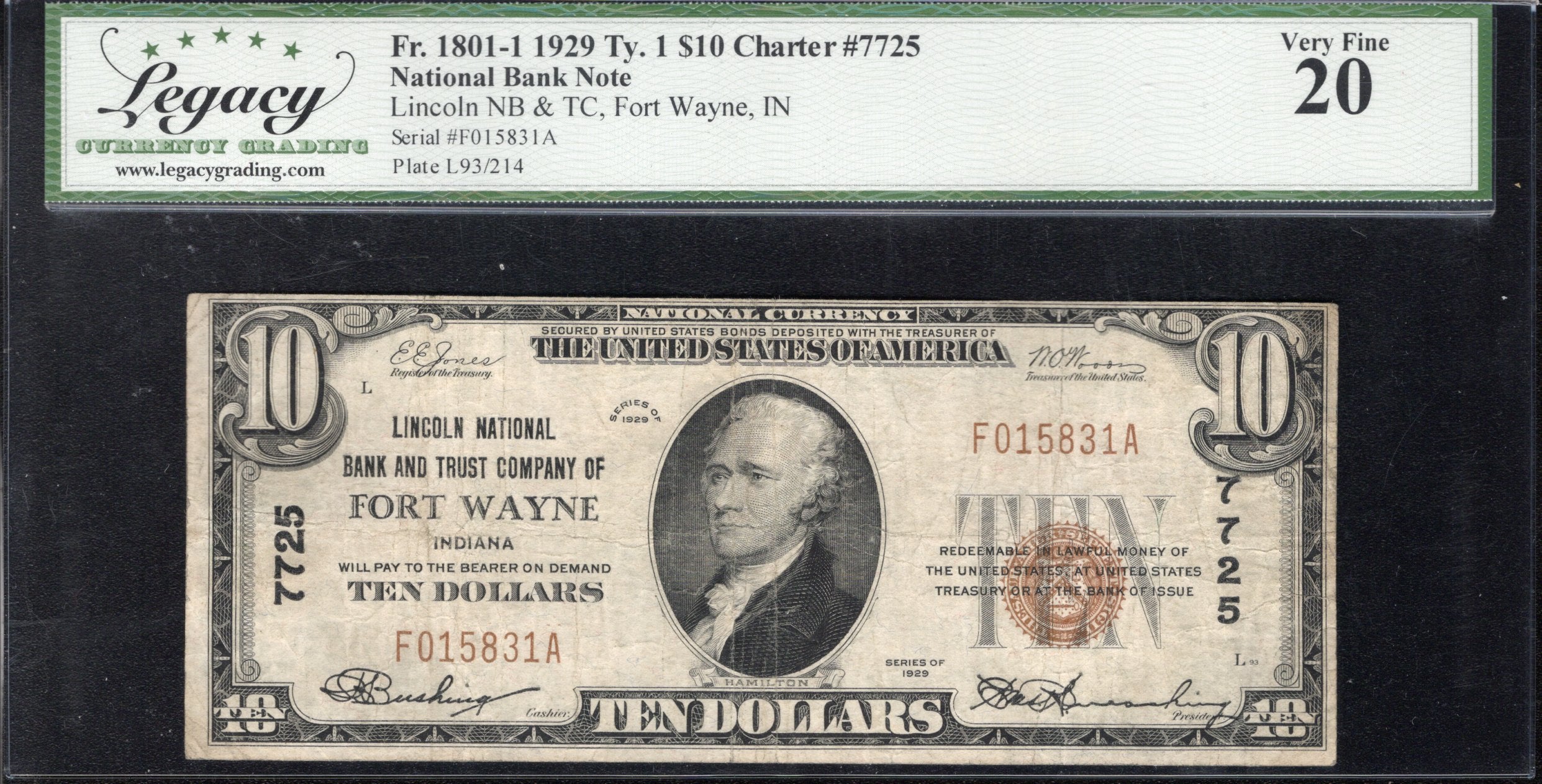 1929 $10 FORT WAYNE, IN NATIONAL BANK NOTE LEGACY 20 INDIANA CURRENCY 15831