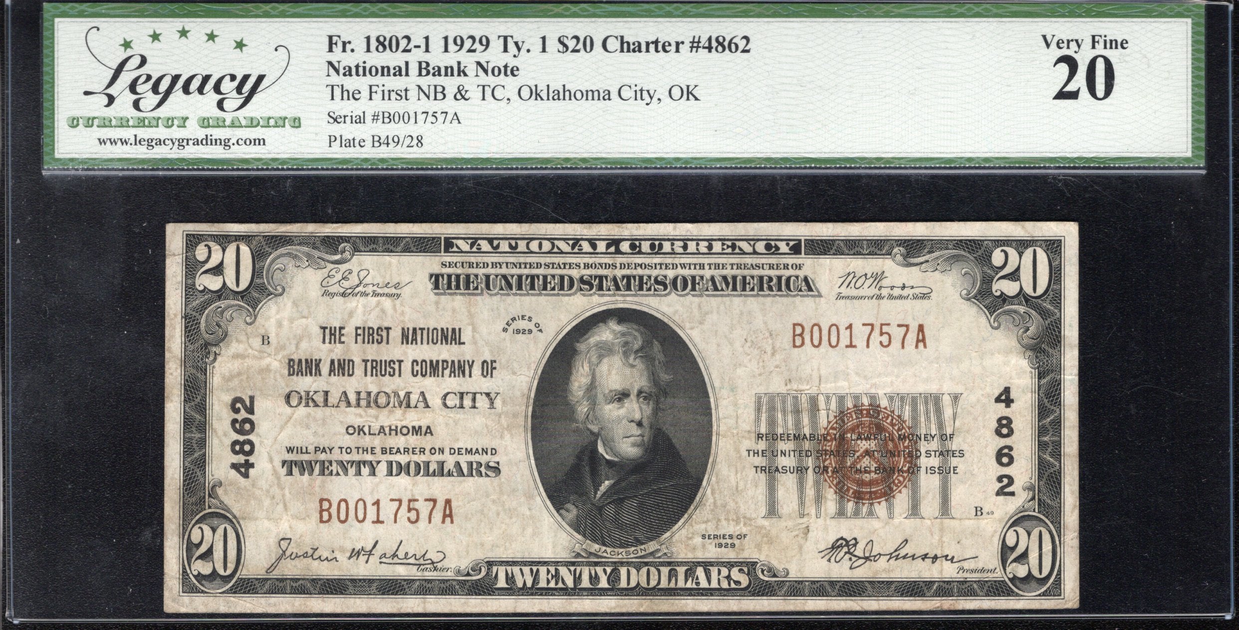  1929 $20 OKLAHOMA CITY, OK NATIONAL BANK NOTE LEGACY 20 01757