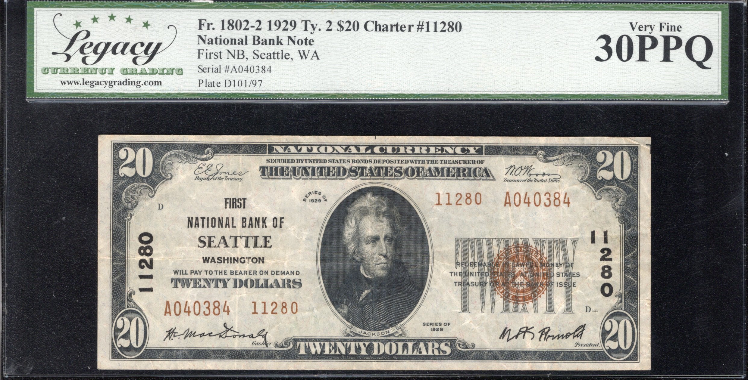 1929 $20 SEATTLE, WA NATIONAL BANK NOTE TYPE II LEGACY 30 PPQ 40384