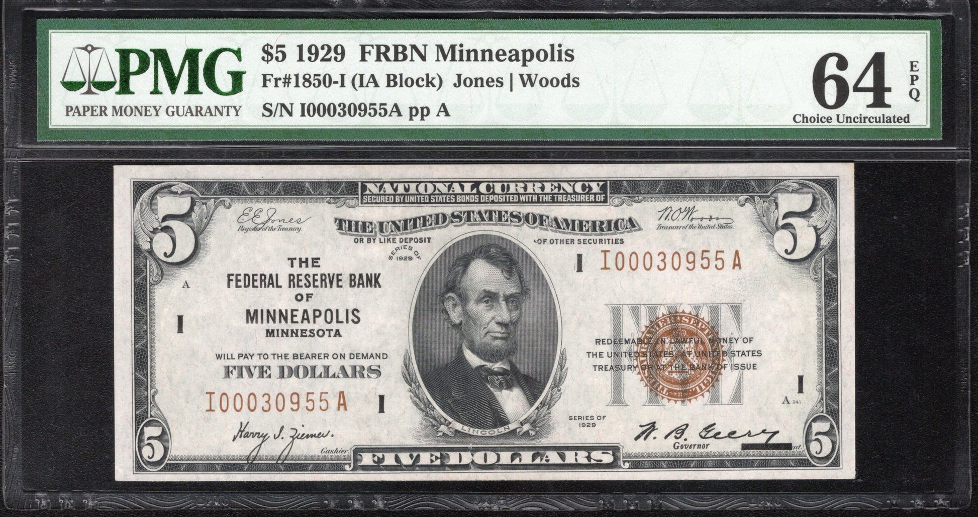 1929 $5 MINNEAPOLIS FRBN Federal Reserve Bank Note PMG 64 EPQ Fr 1850-I 30955
