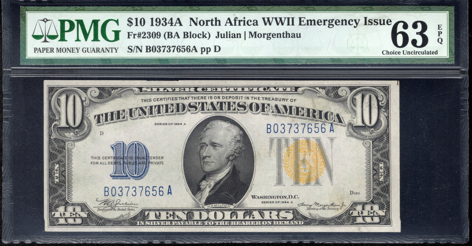 1934-A $10 NORTH AFRICA Silver Certificate PMG 63 EPQ Fr 2309 WWII CURRENCY