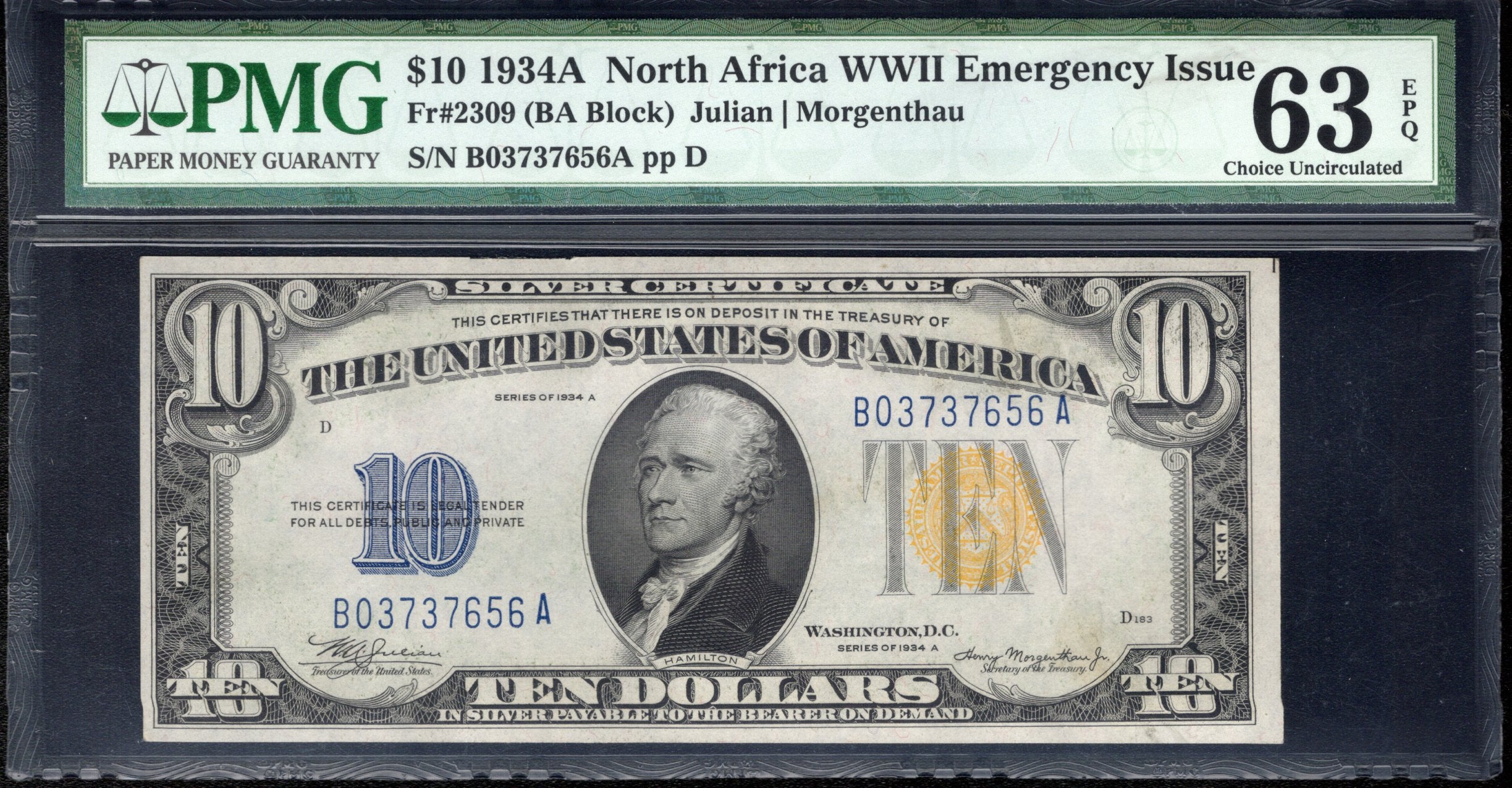 1934-A $10 NORTH AFRICA Silver Certificate PMG 63 EPQ Fr 2309 WWII CURRENCY